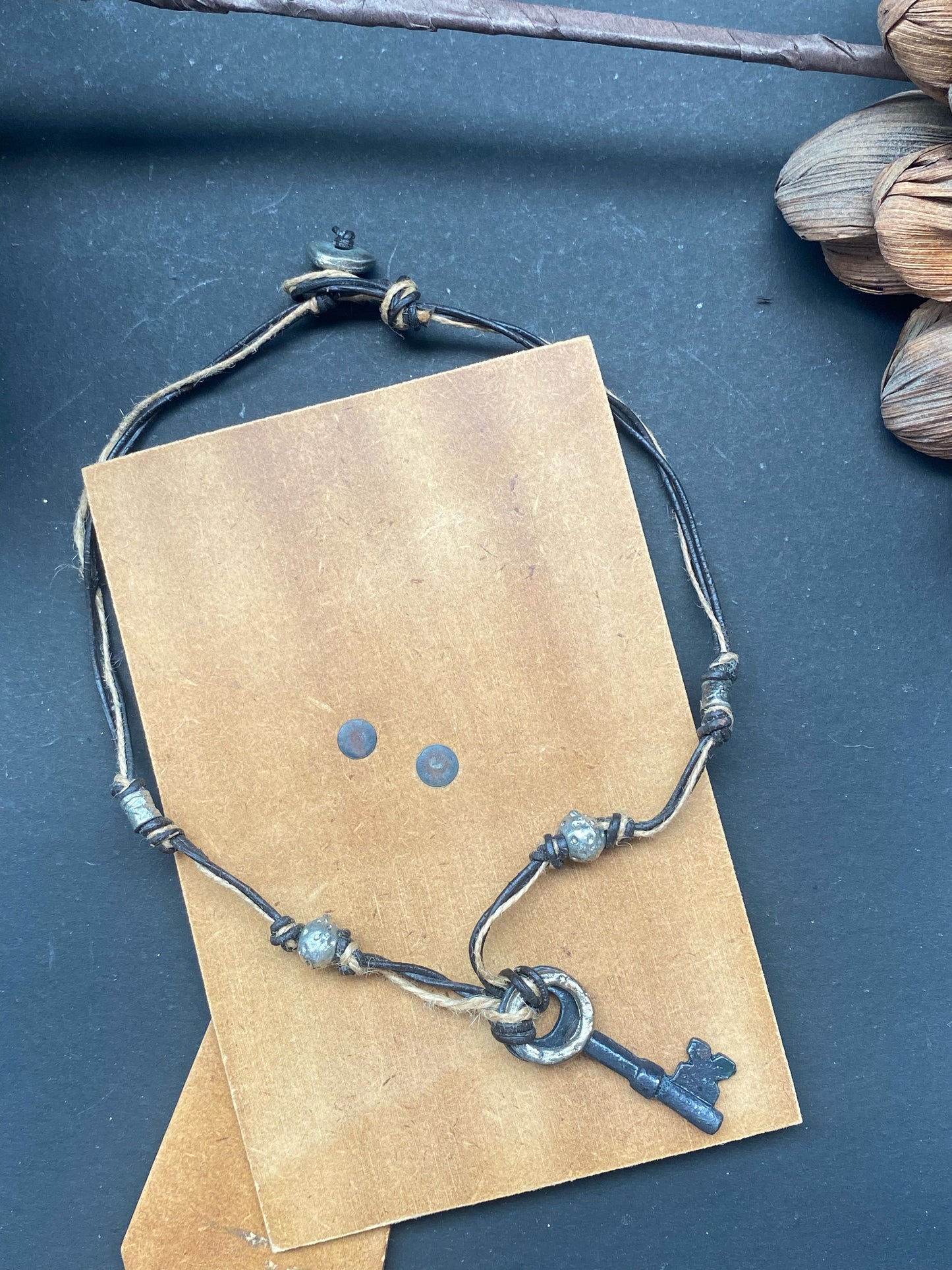 Rustic Key Charm Leather Necklace