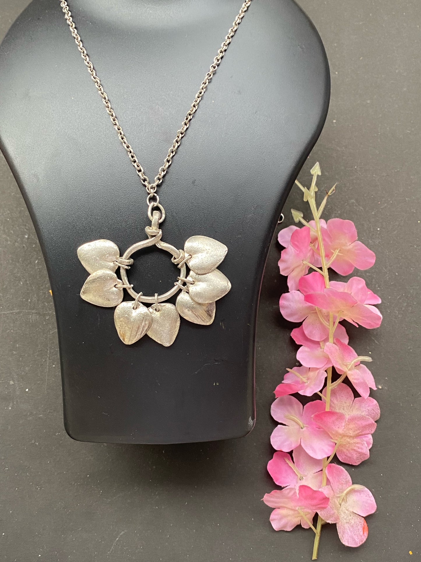 Silver Heart Charm Statement Necklace