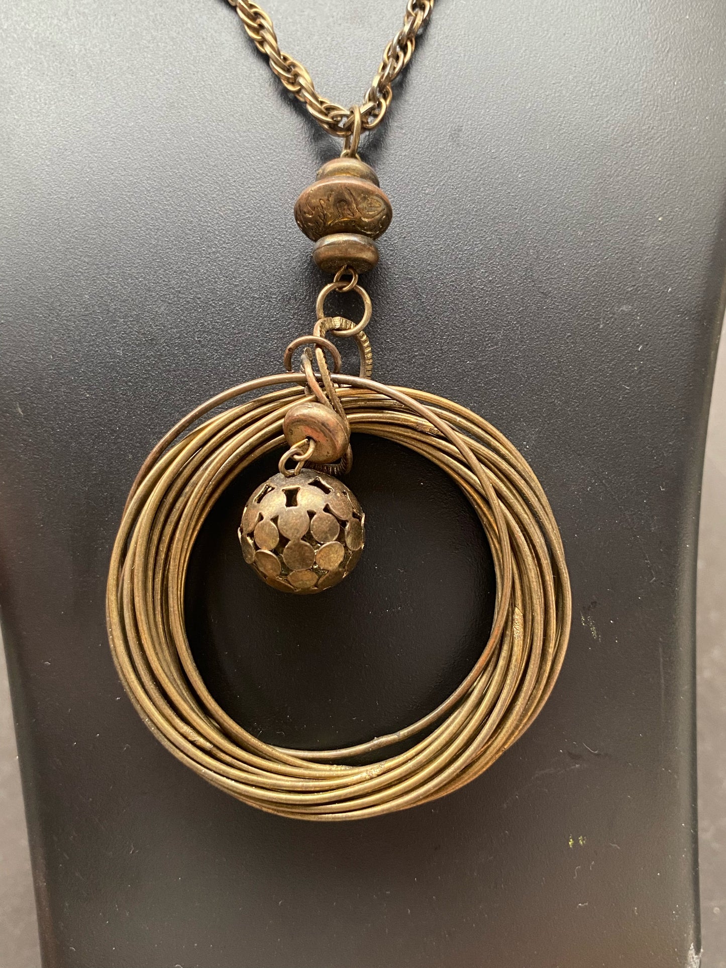Antique Brass Layered Ring Pendant Necklace