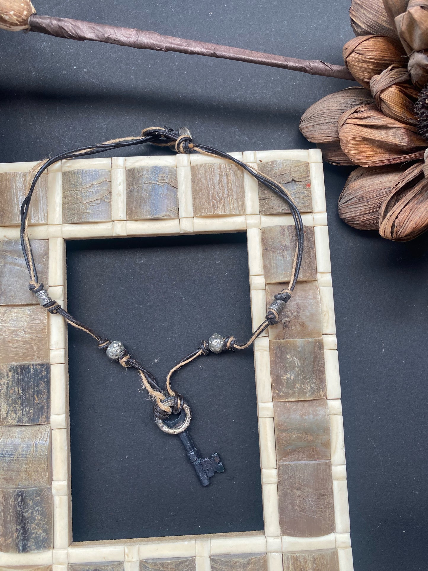 Rustic Key Charm Leather Necklace