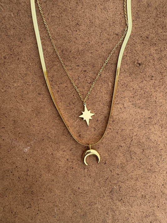 Celestial Layered Necklace – Moon & Star Design