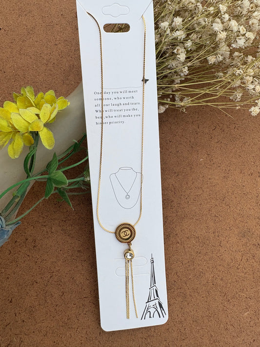 CHANEL-Inspired Gold Medallion & Crystal Pendant Necklace