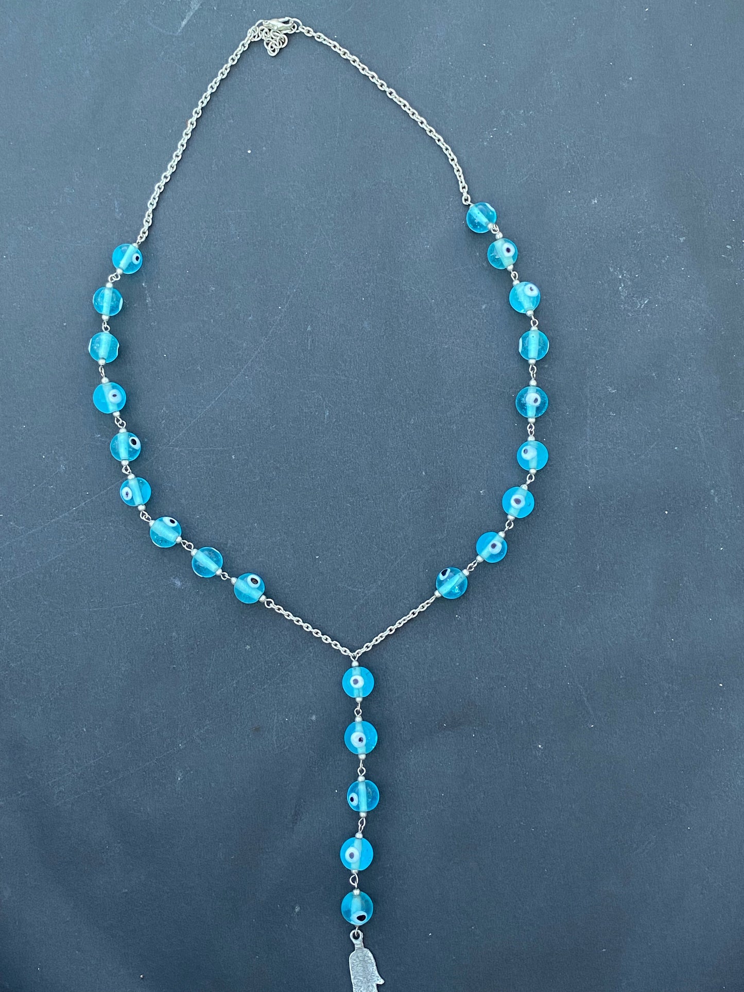 Blue Evil Eye Bead Y-Necklace with Hamsa Pendant