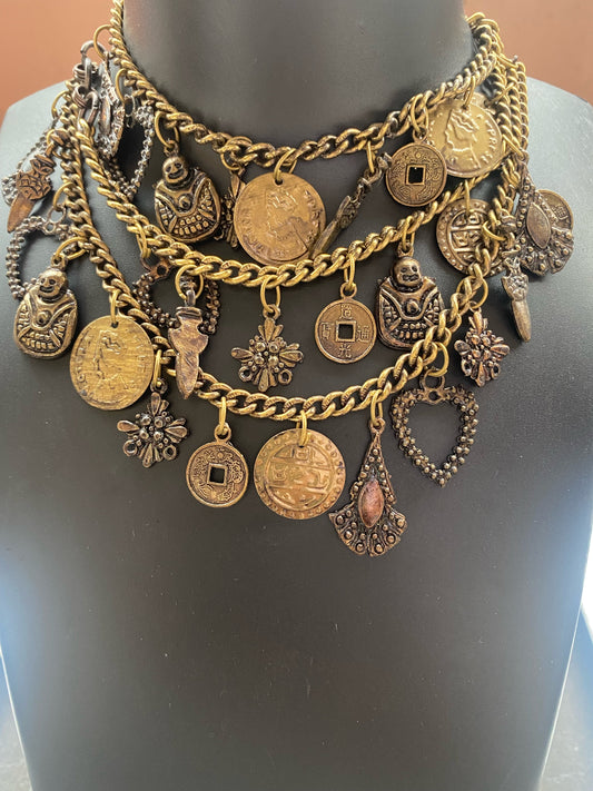 Antique Gold Multi-Layer Coin & Charm Statement Necklace