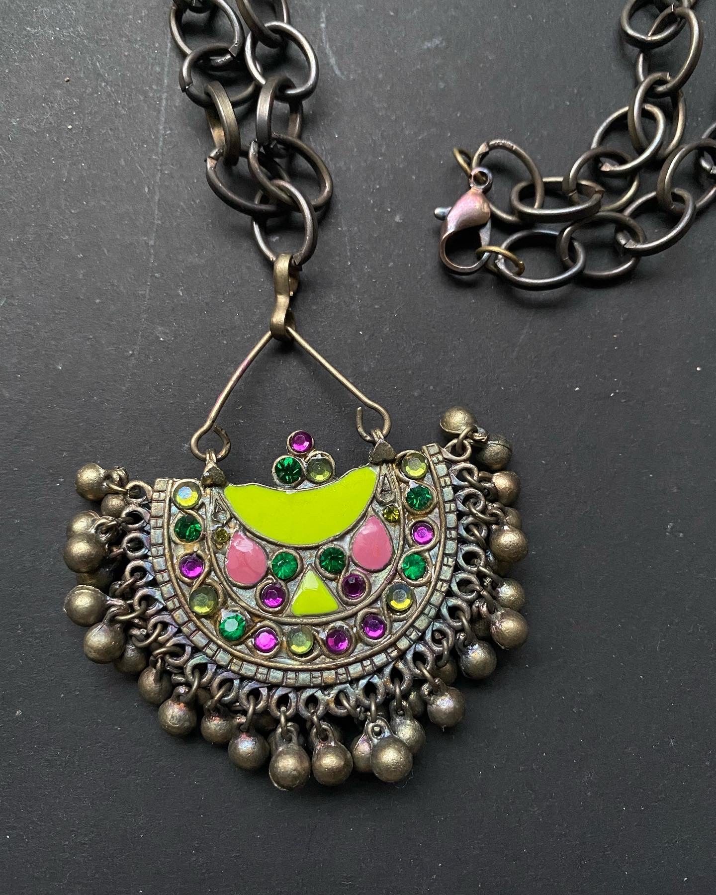 Boho Antique Chain Necklace with Colorful Tribal Pendant
