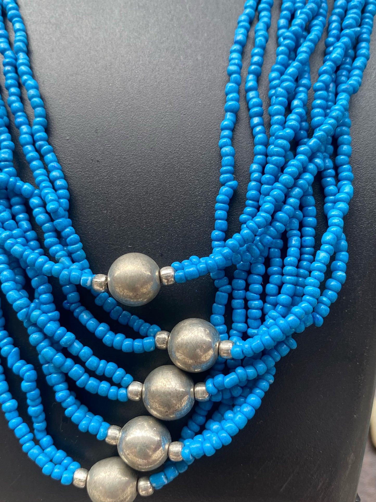 Multi-Strand Turquoise Blue Beaded Necklace with Silver Accents
