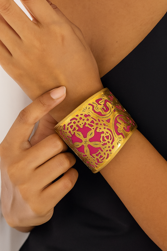 Vintage Gold & Magenta Floral Cuff Bracelet