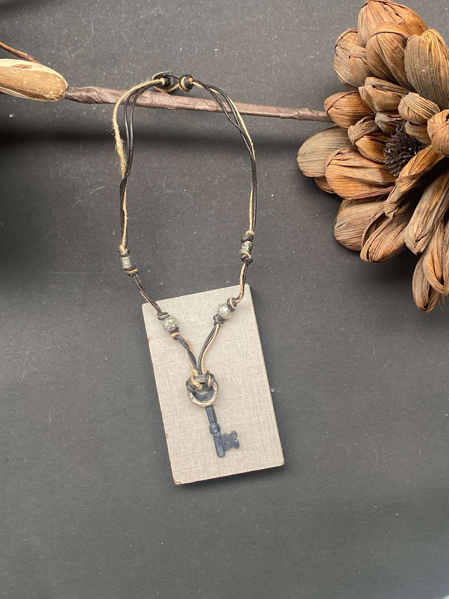 Rustic Key Charm Leather Necklace