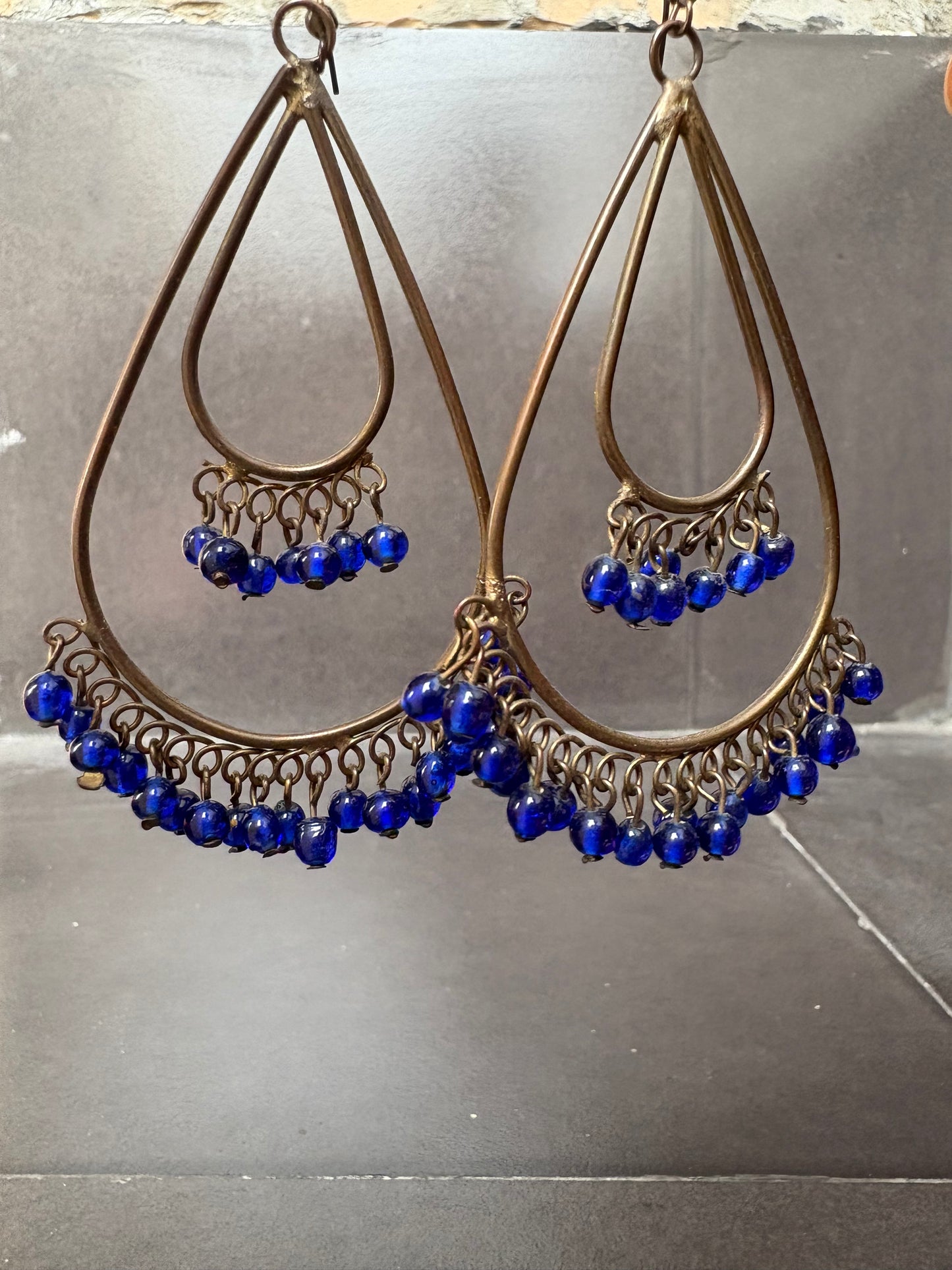 Antique Brass Teardrop Earrings with Blue Beads