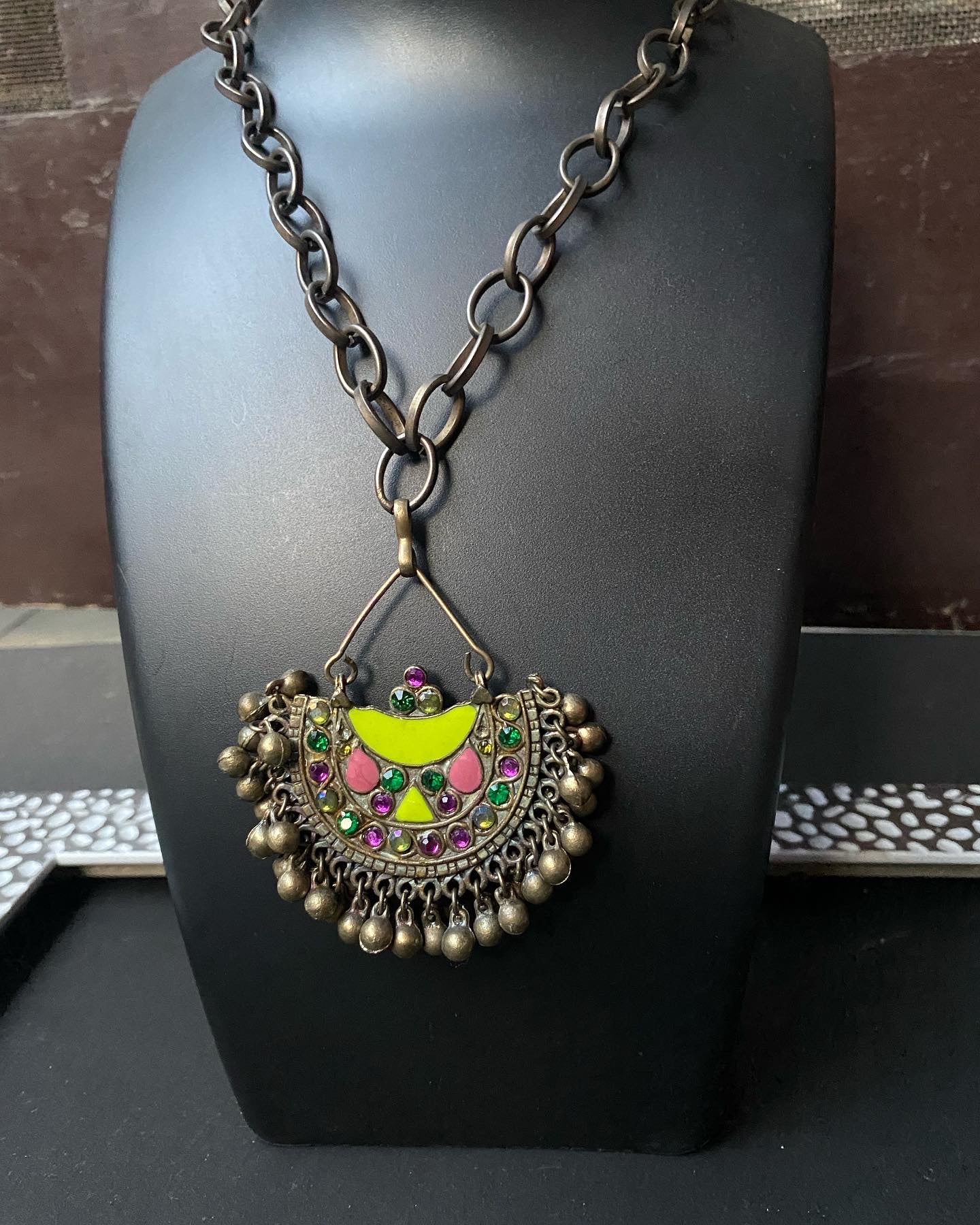 Boho Antique Chain Necklace with Colorful Tribal Pendant