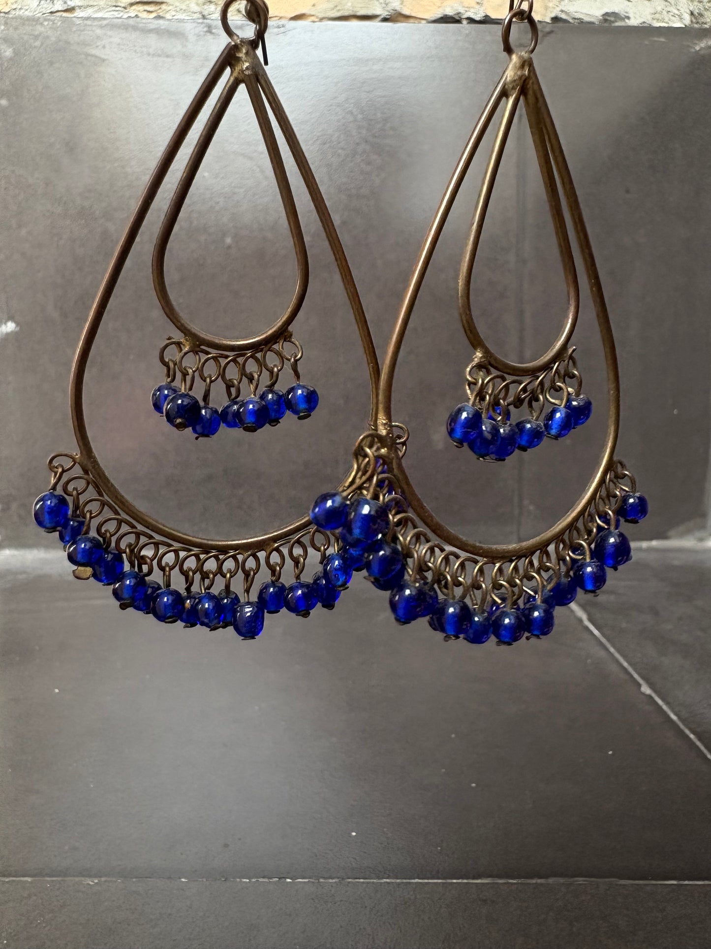 Antique Brass Teardrop Earrings with Blue Beads