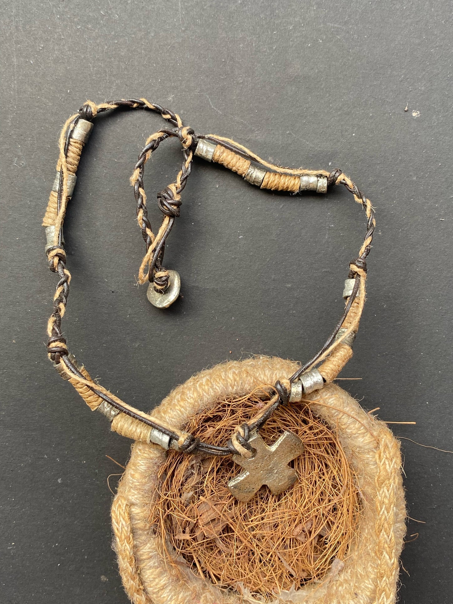 Rustic Tribal Cross Pendant Necklace – Handmade Leather & Metal Beads