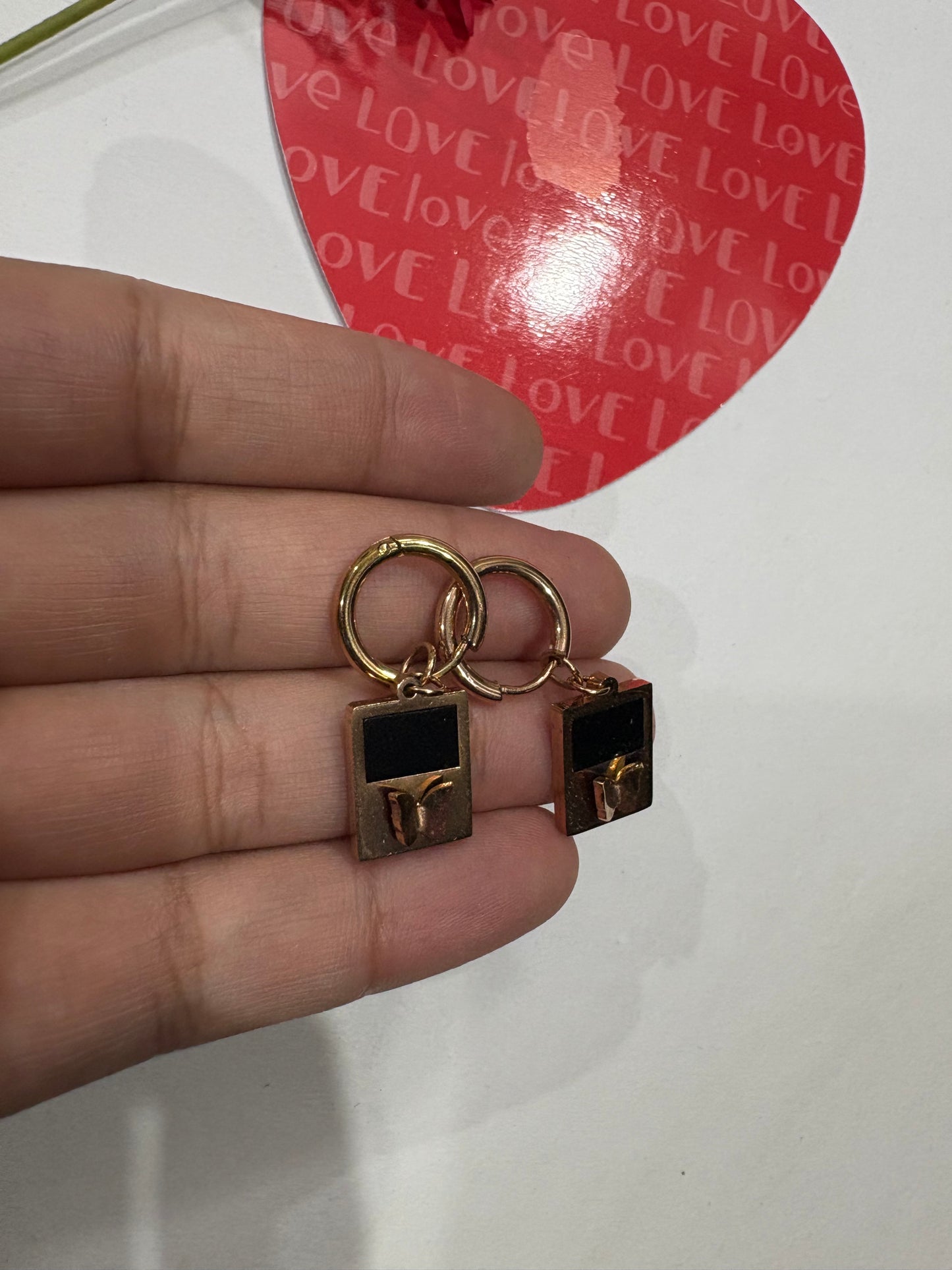 Gold-Plated Hoop Earrings with Black Enamel & Butterfly Charm