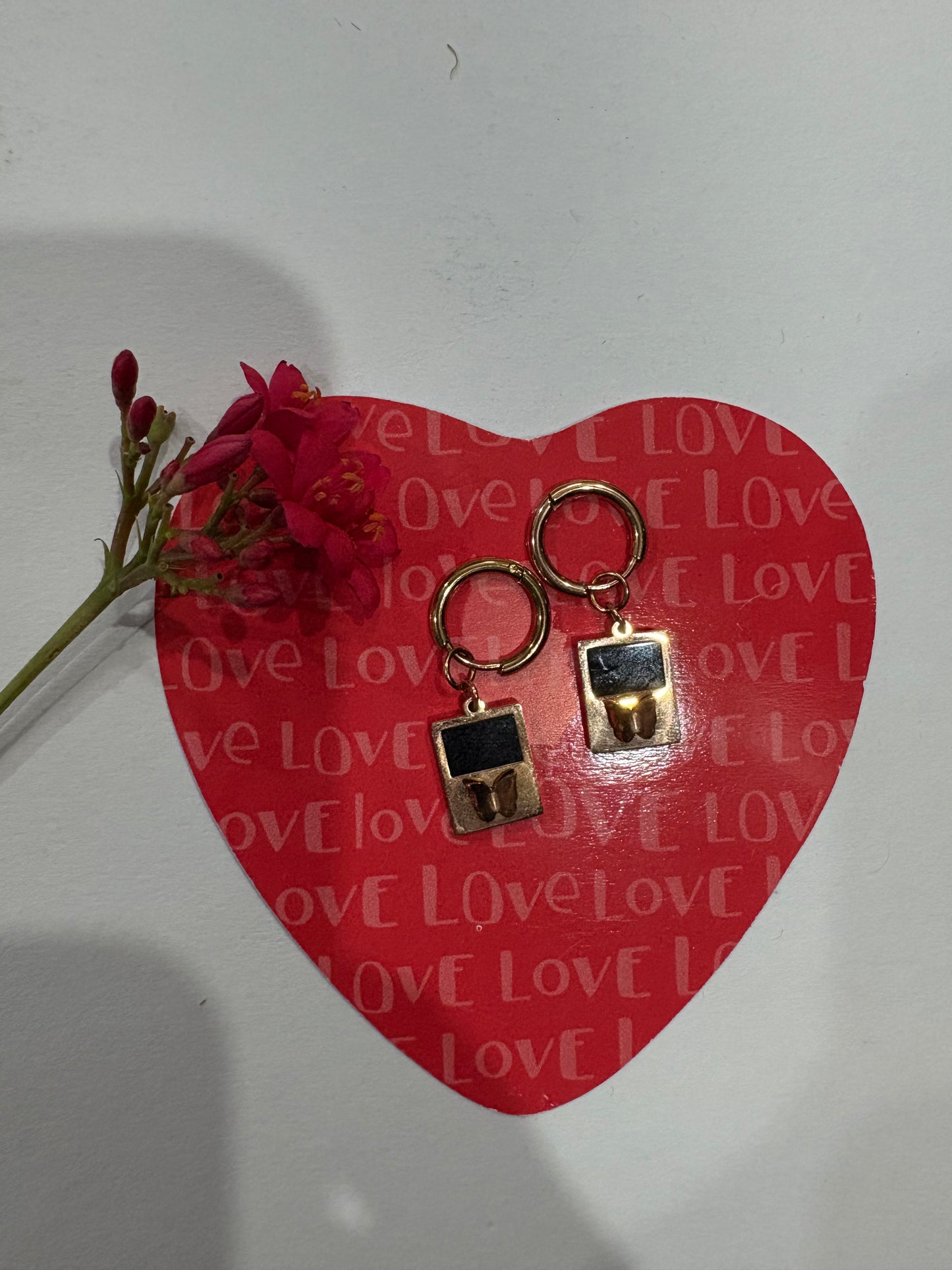 Gold-Plated Hoop Earrings with Black Enamel & Butterfly Charm