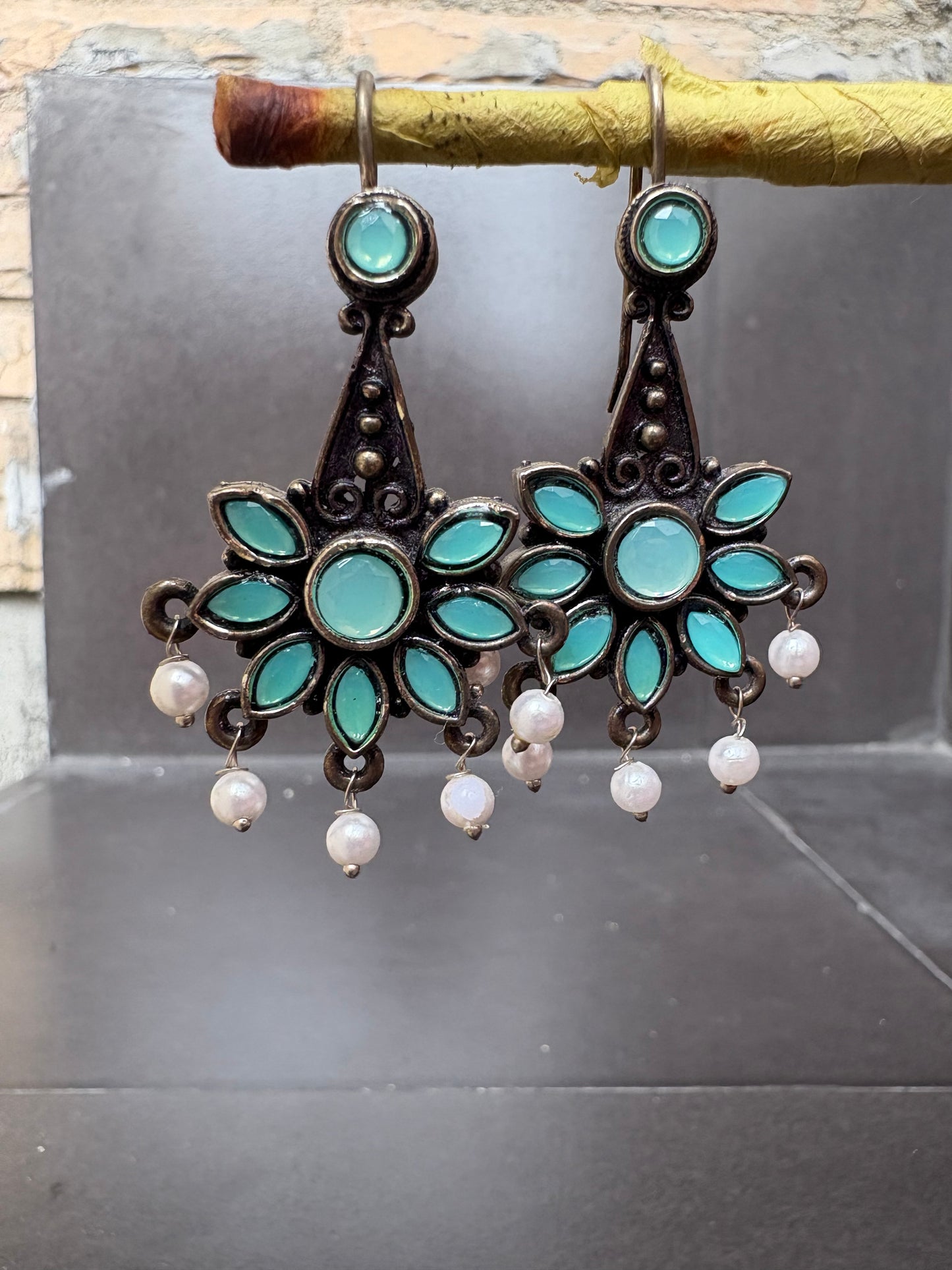 Antique Floral Drop Earrings with Mint Green Stones & Pearls