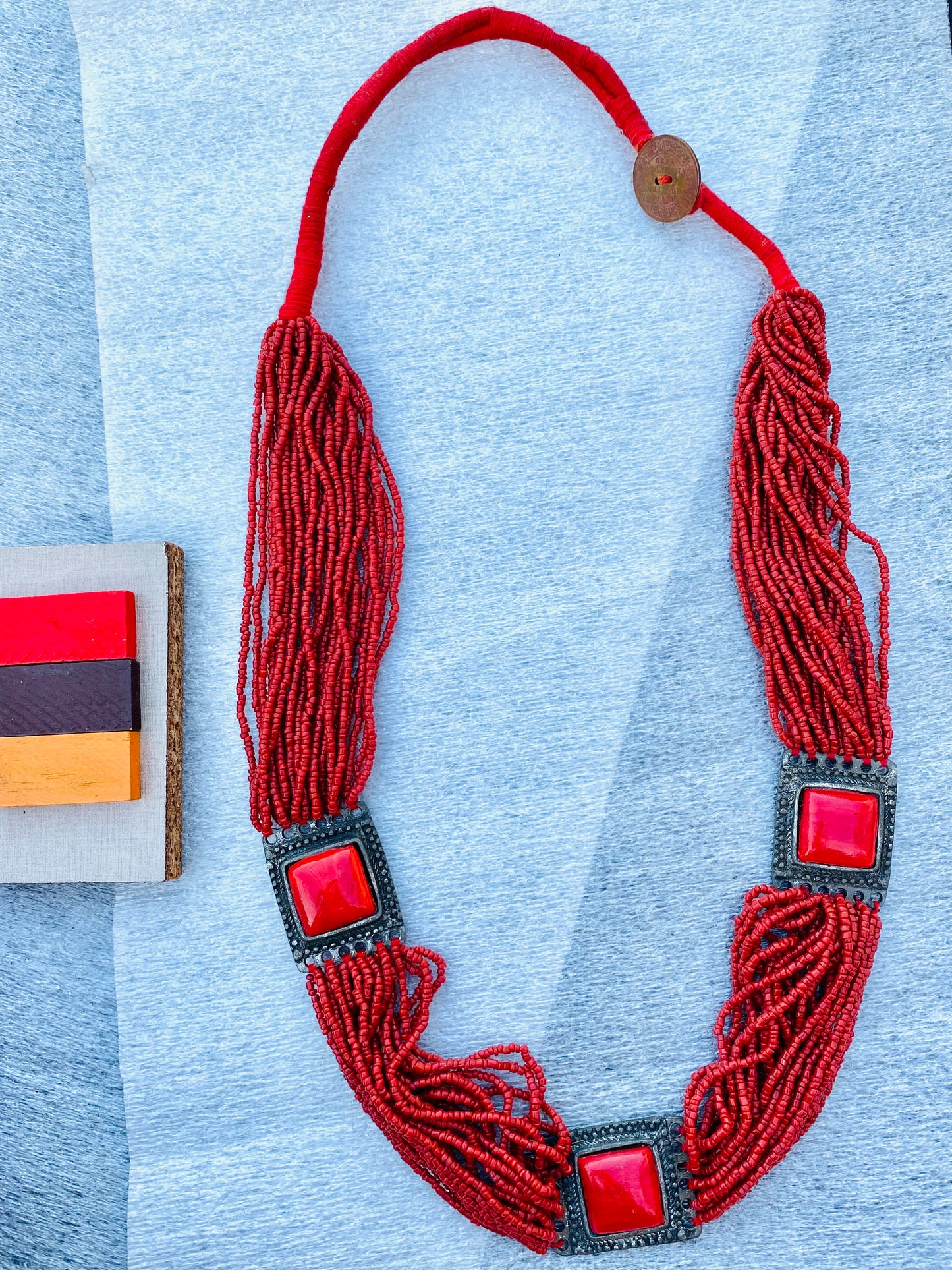 Red Beaded Statement Necklace with Square Accents