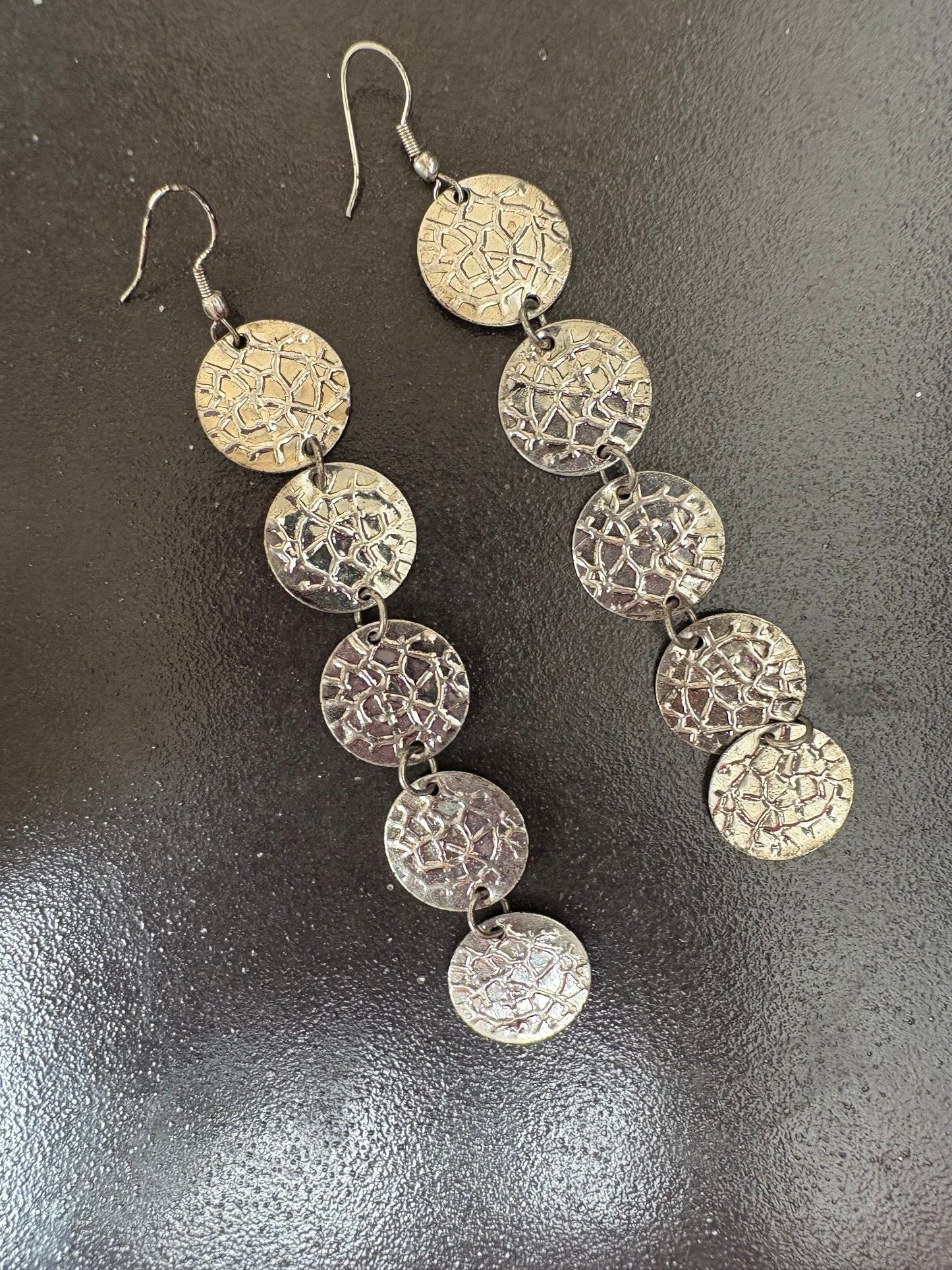 Textured Silver Disc Drop Earrings