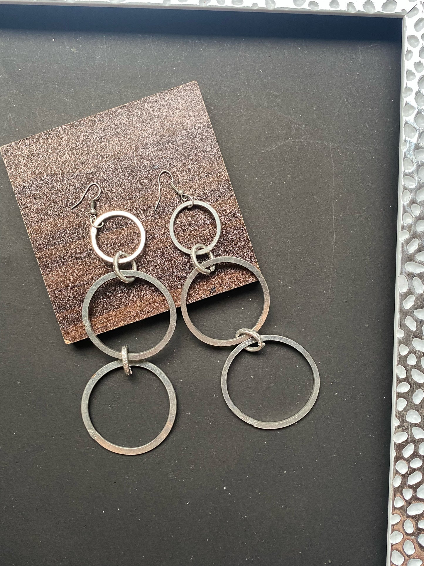 Minimalist Triple Circle Dangle Earrings – Oxidized Metal Finish