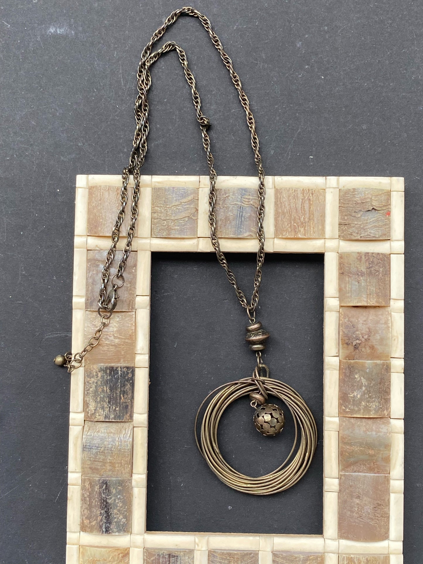 Antique Brass Layered Ring Pendant Necklace