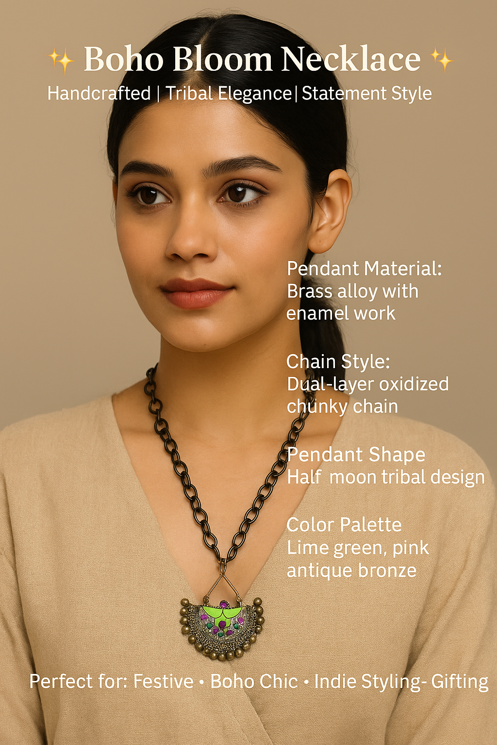Boho Antique Chain Necklace with Colorful Tribal Pendant