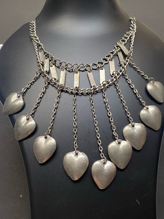 Vintage Silver Heart Charm Statement Necklace