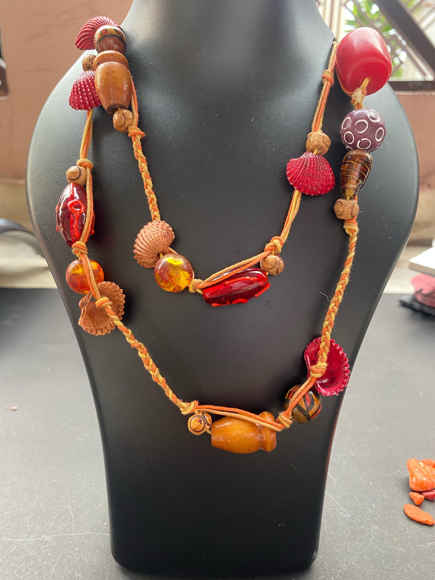 Boho Chic Handmade Bead & Shell Necklace – Red & Earthy Tones