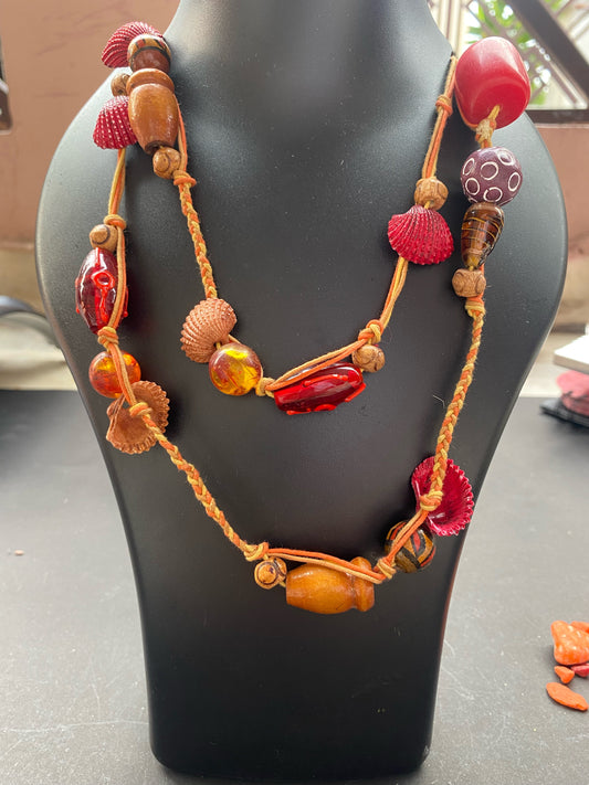 Boho Chic Handmade Bead & Shell Necklace – Red & Earthy Tones