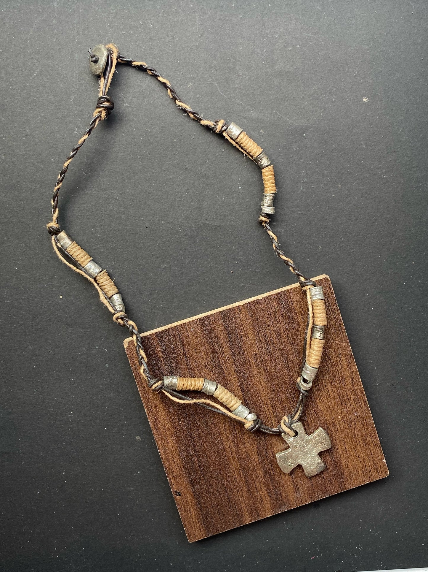 Rustic Tribal Cross Pendant Necklace – Handmade Leather & Metal Beads
