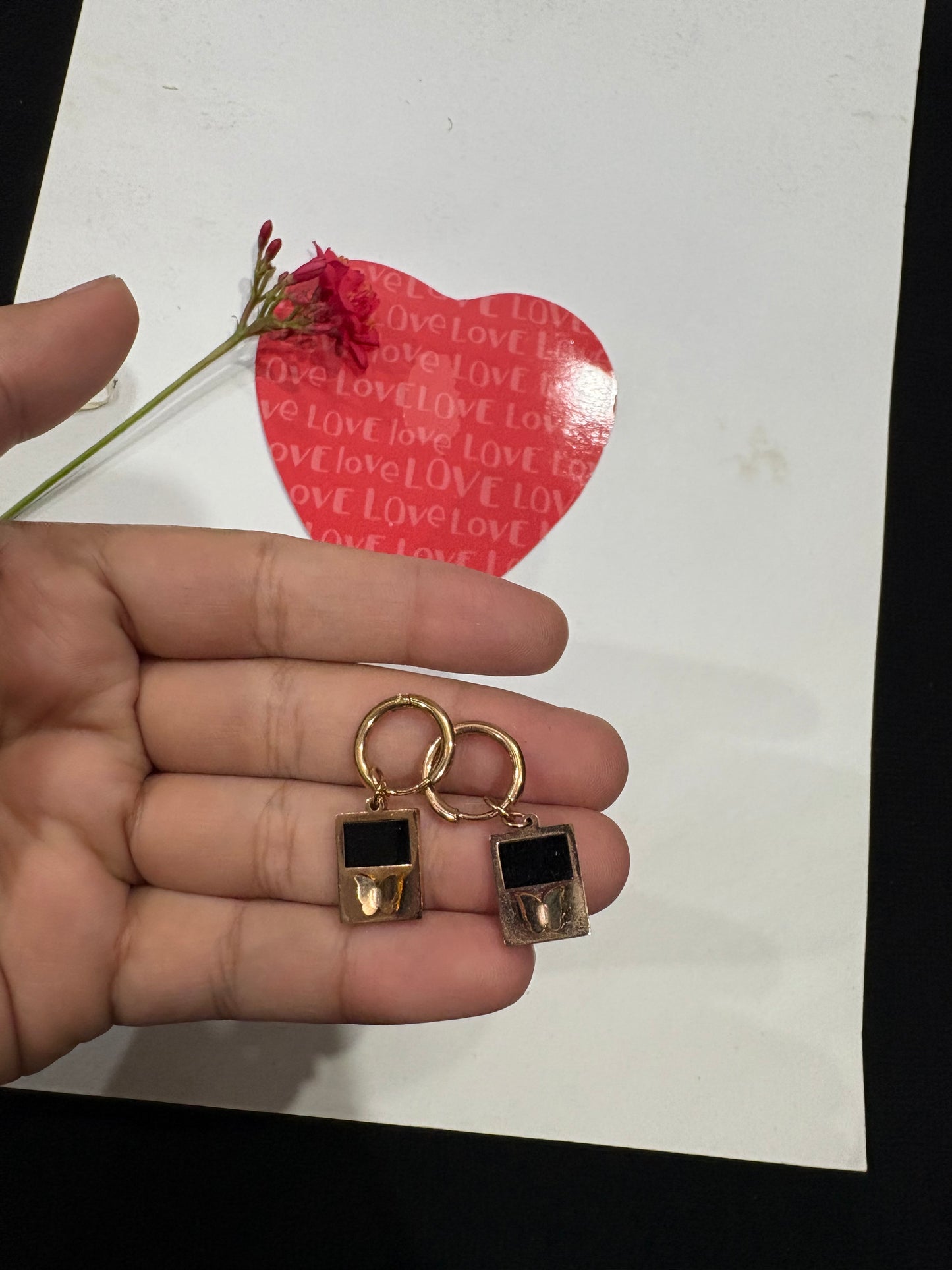 Gold-Plated Hoop Earrings with Black Enamel & Butterfly Charm
