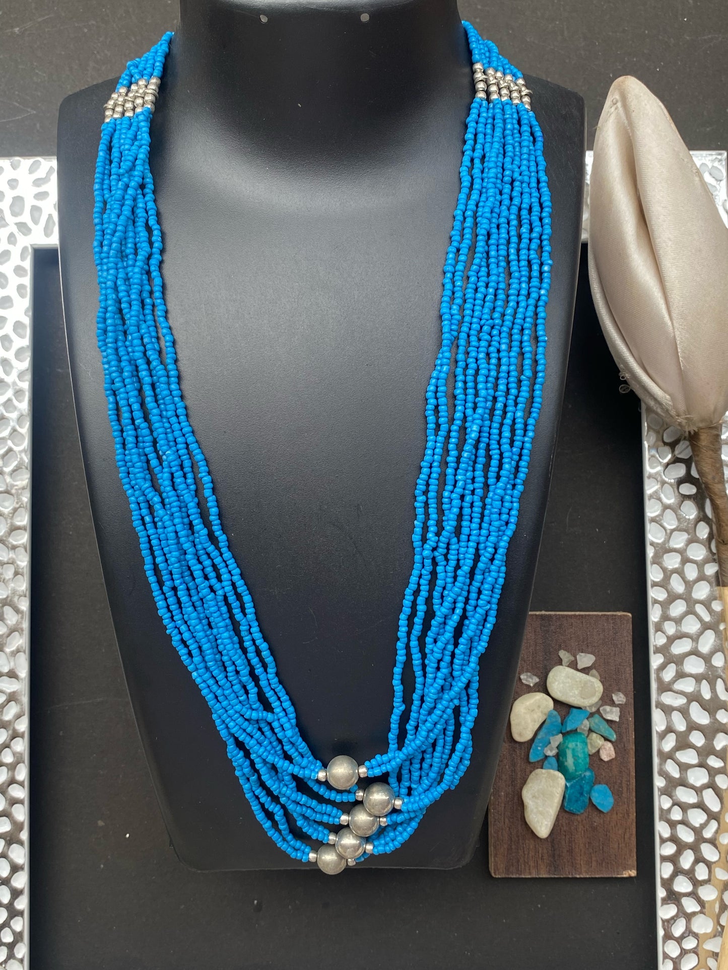 Multi-Strand Turquoise Blue Beaded Necklace with Silver Accents