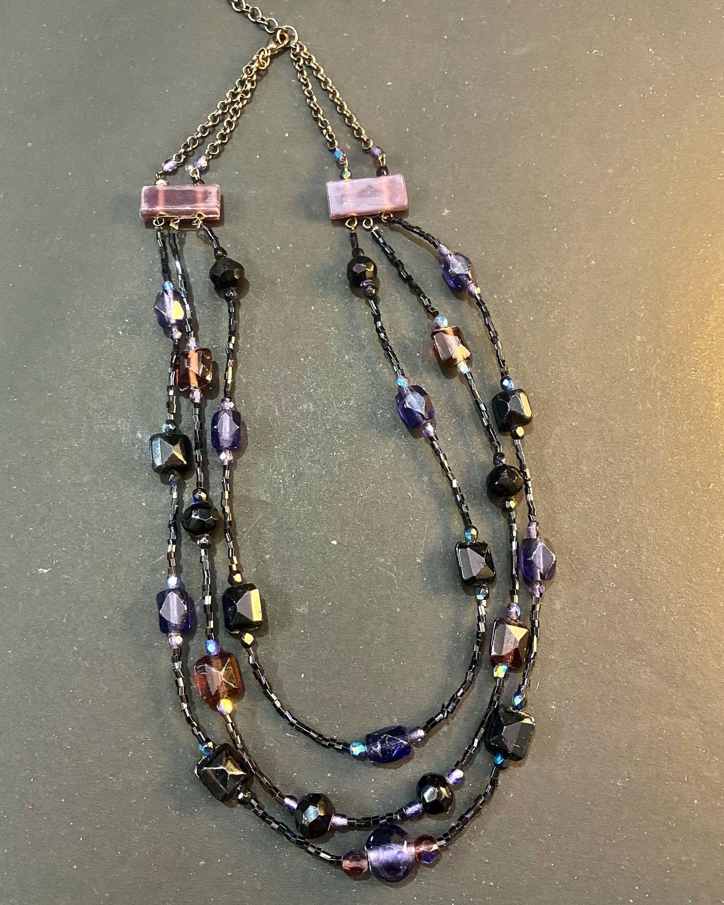 Triple-Strand Beaded Statement Necklace – Midnight Hues