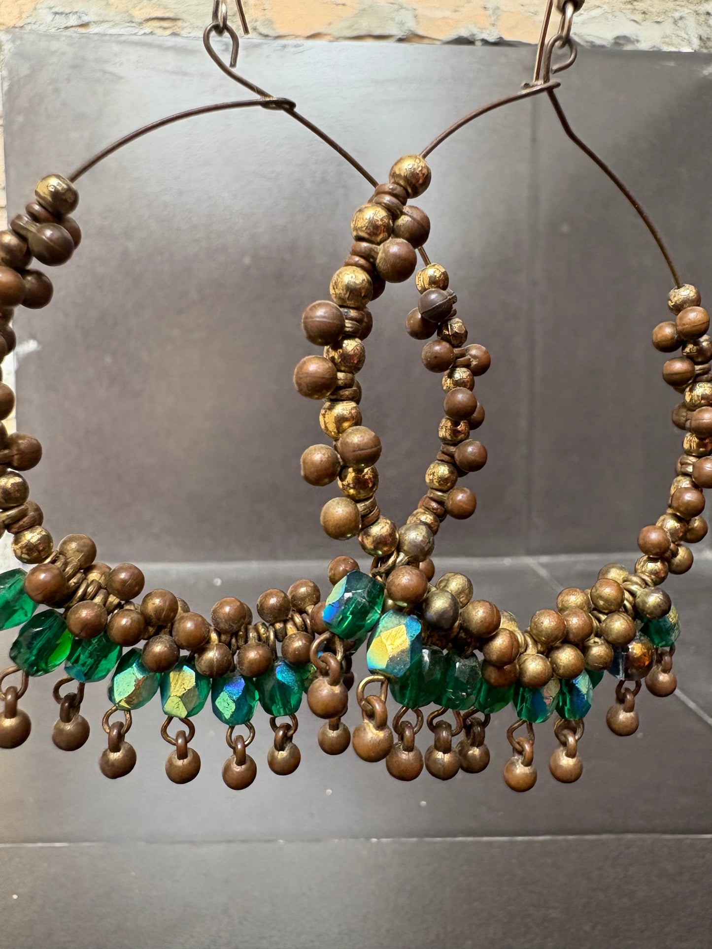Bohemian Beaded Hoop Earrings – Antique Bronze & Emerald Green