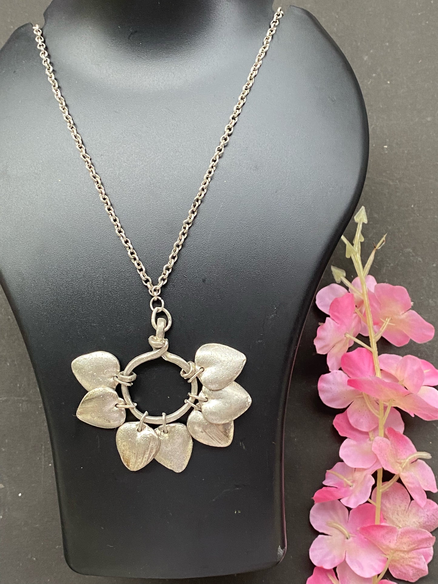 Silver Heart Charm Statement Necklace
