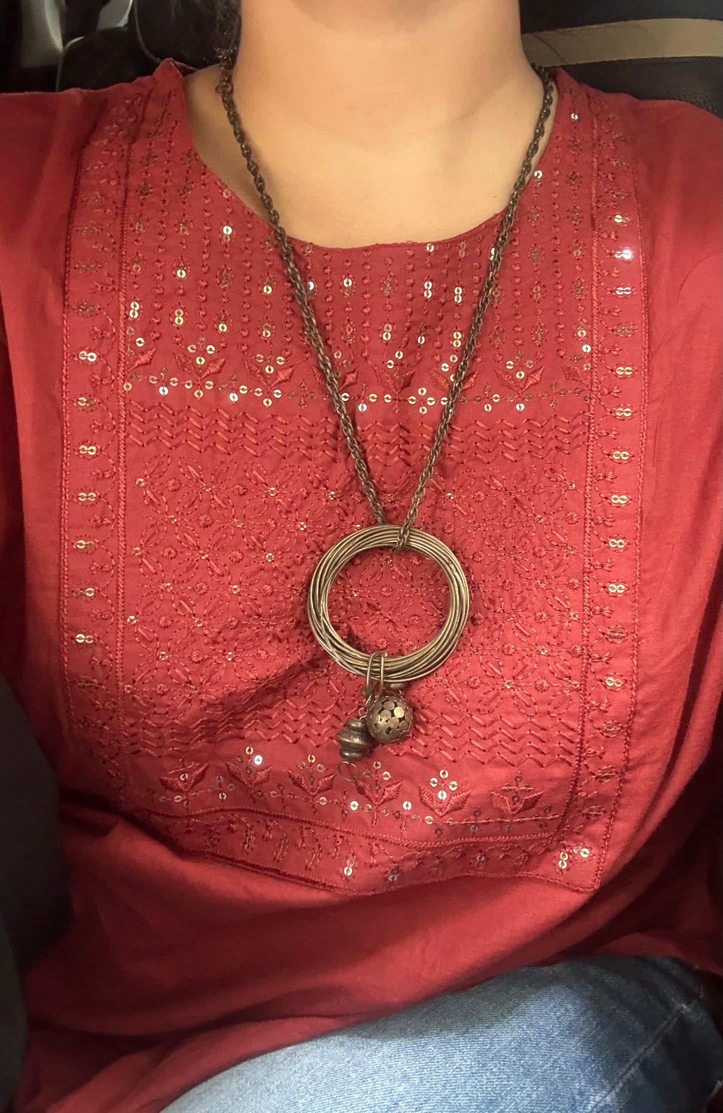 Antique Brass Layered Ring Pendant Necklace