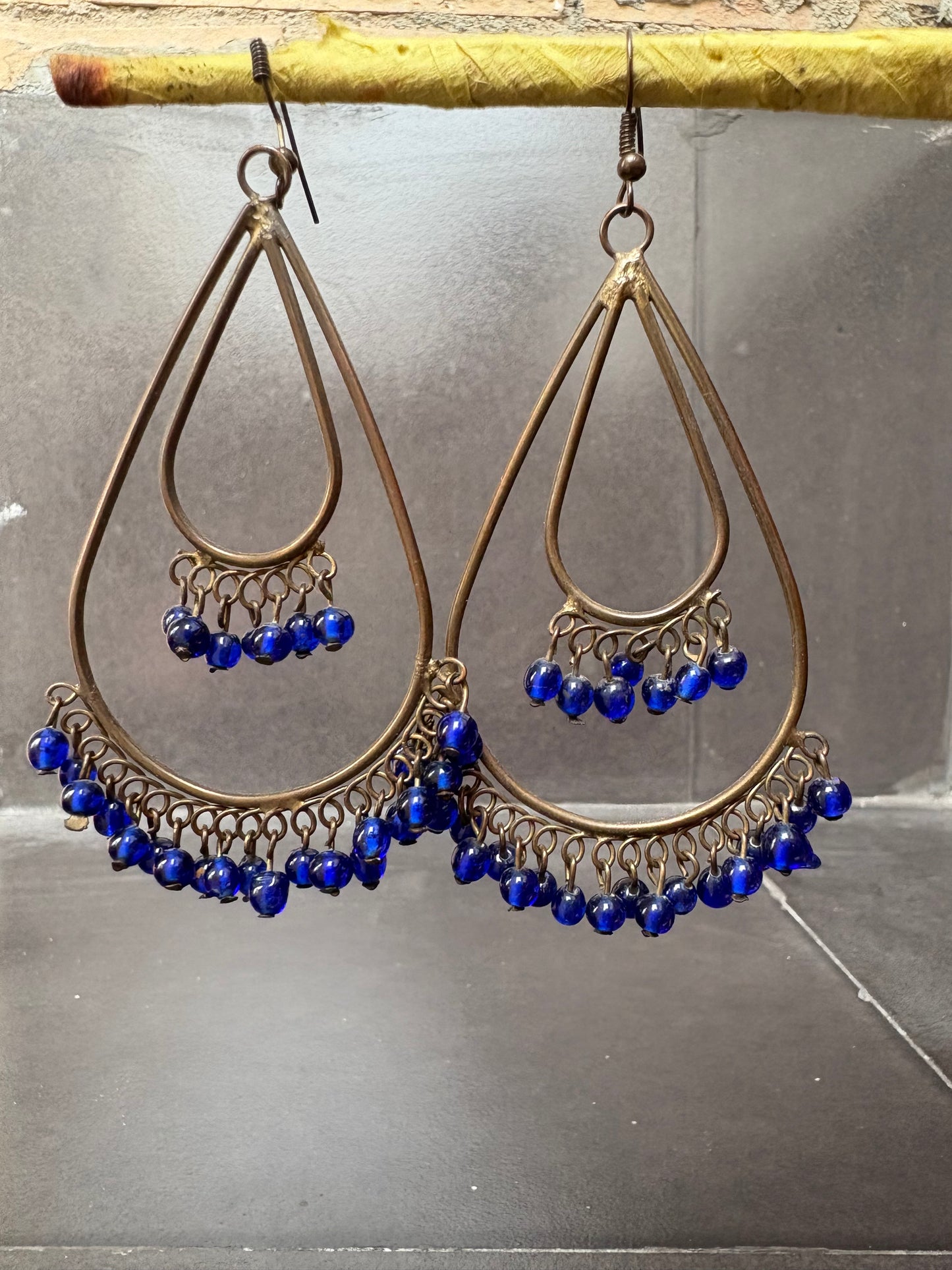 Antique Brass Teardrop Earrings with Blue Beads