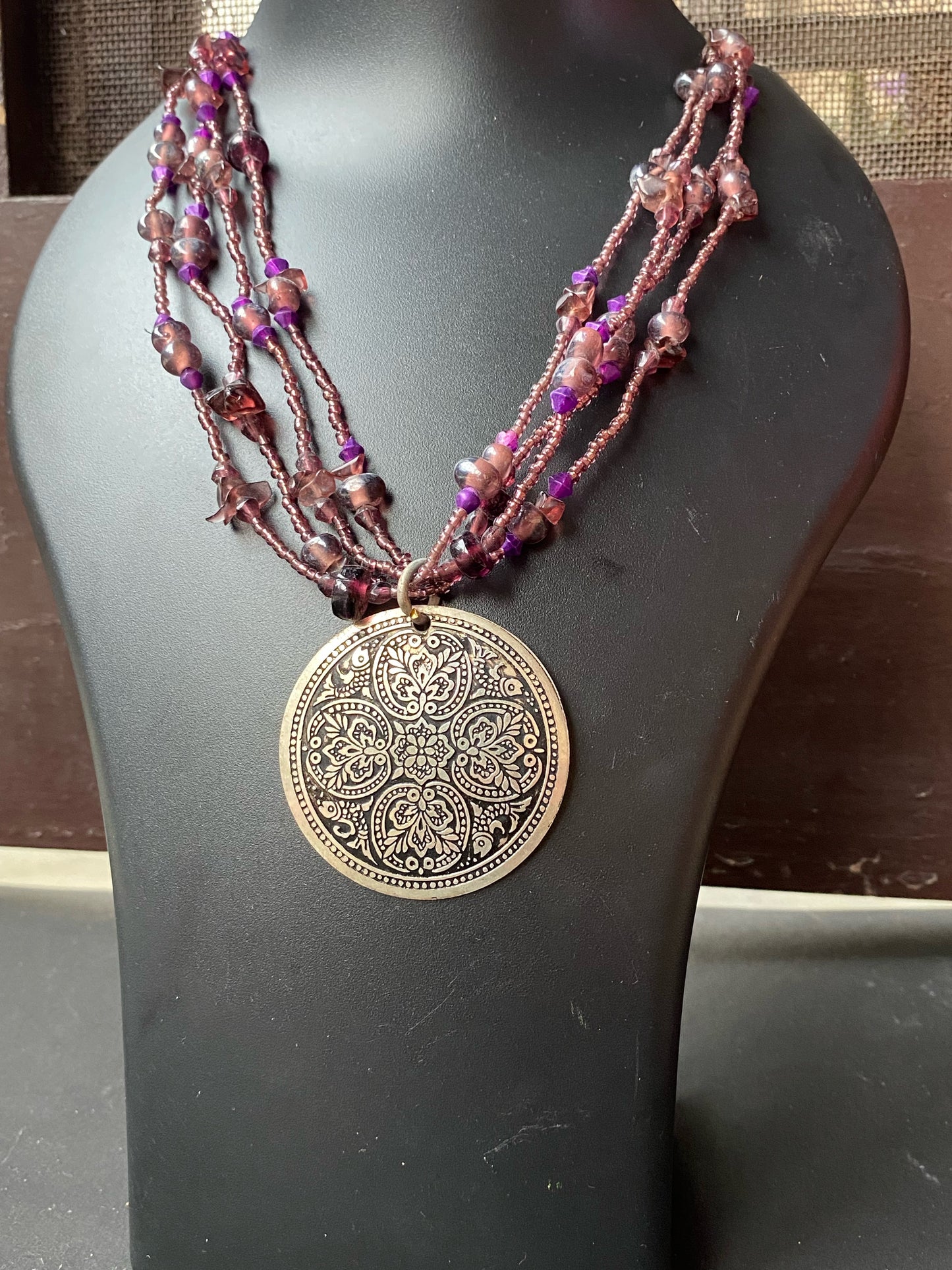 Bohemian Multi-Strand Beaded Necklace with Statement Pendant