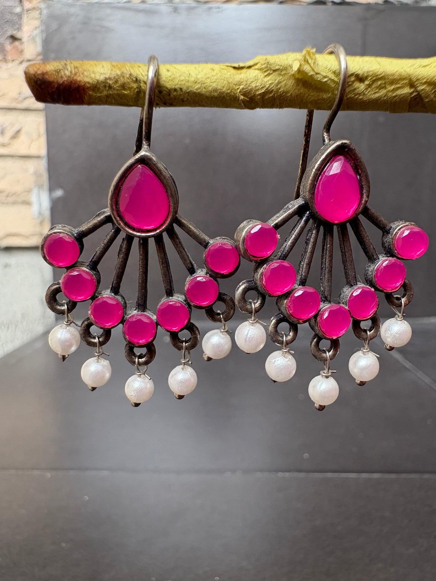 Antique Oxidised Pink Stone & Pearl Drop Earrings