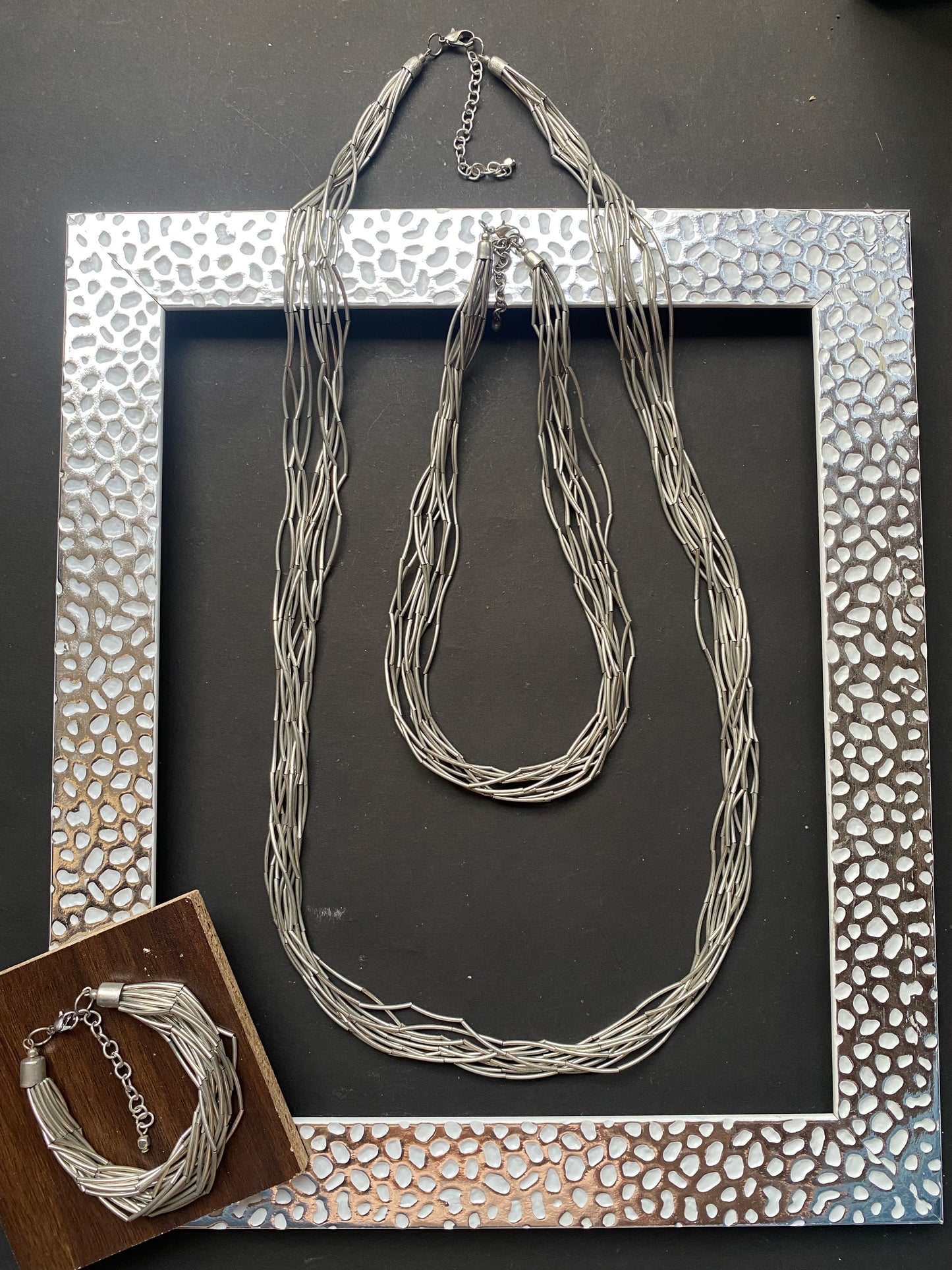 Silver Multi-Strand Necklace & Bracelet Set,set of Three