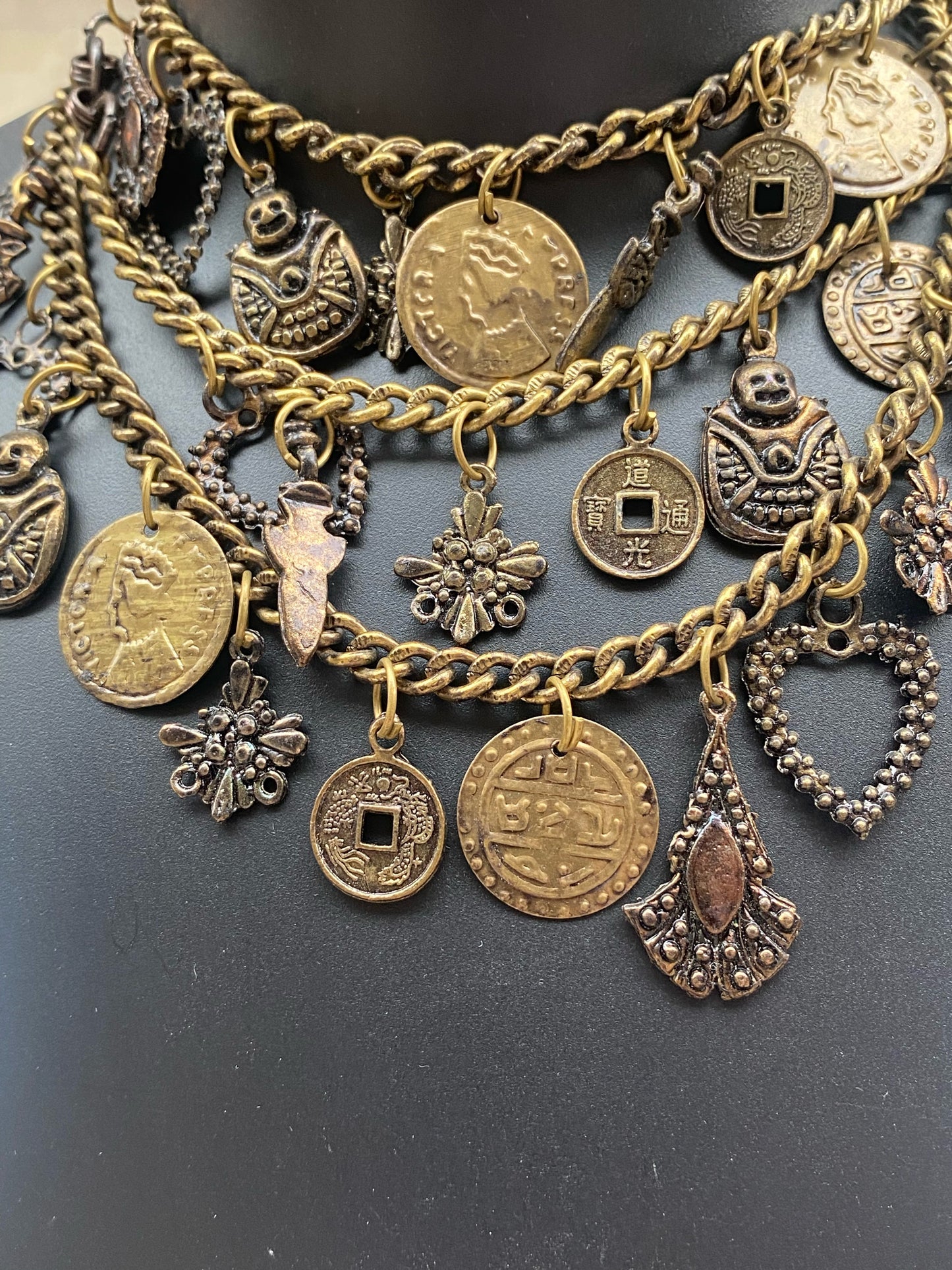 Antique Gold Multi-Layer Coin & Charm Statement Necklace
