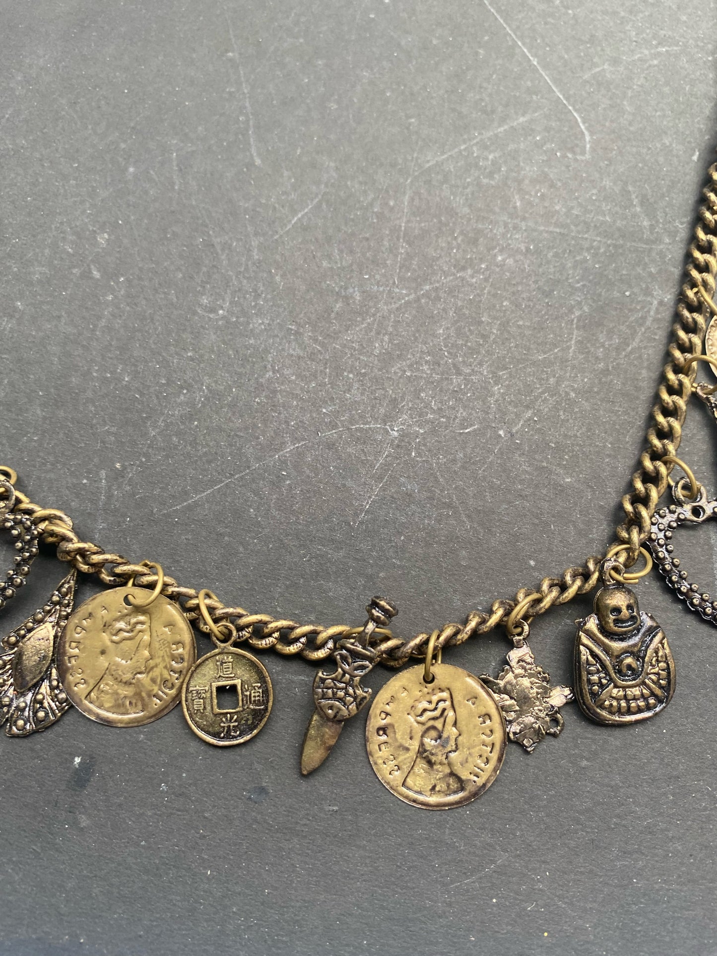 Antique Gold Multi-Layer Coin & Charm Statement Necklace