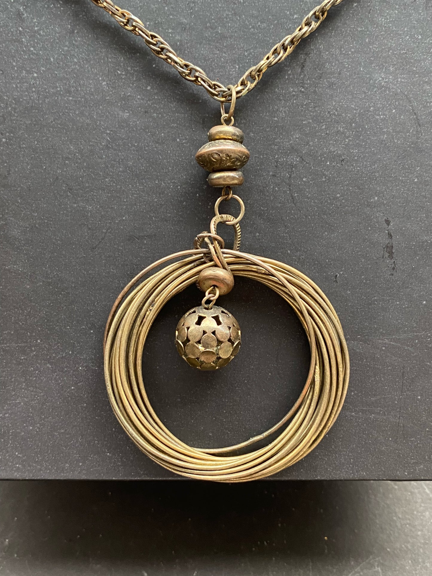 Antique Brass Layered Ring Pendant Necklace