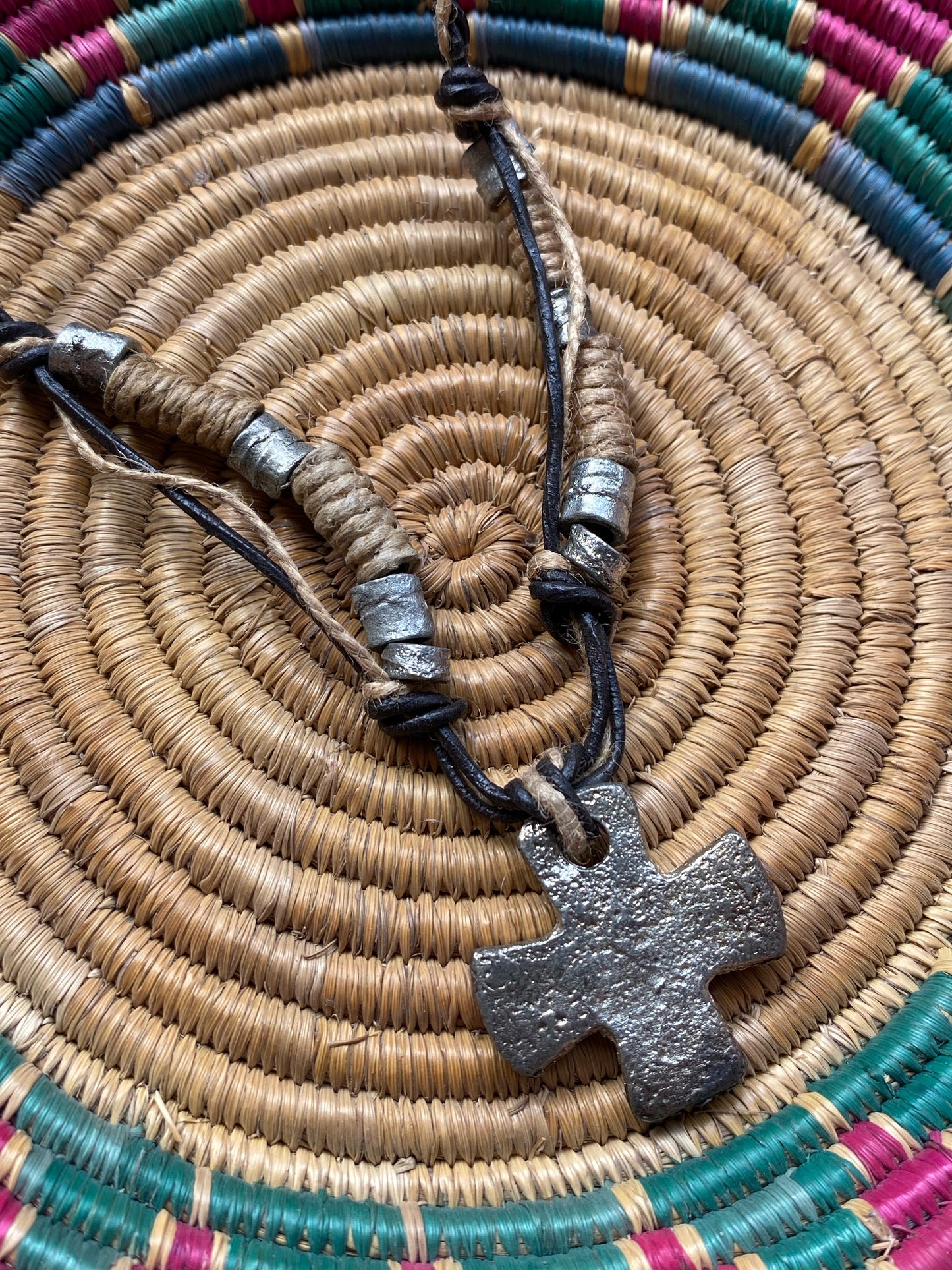 Rustic Tribal Cross Pendant Necklace – Handmade Leather & Metal Beads