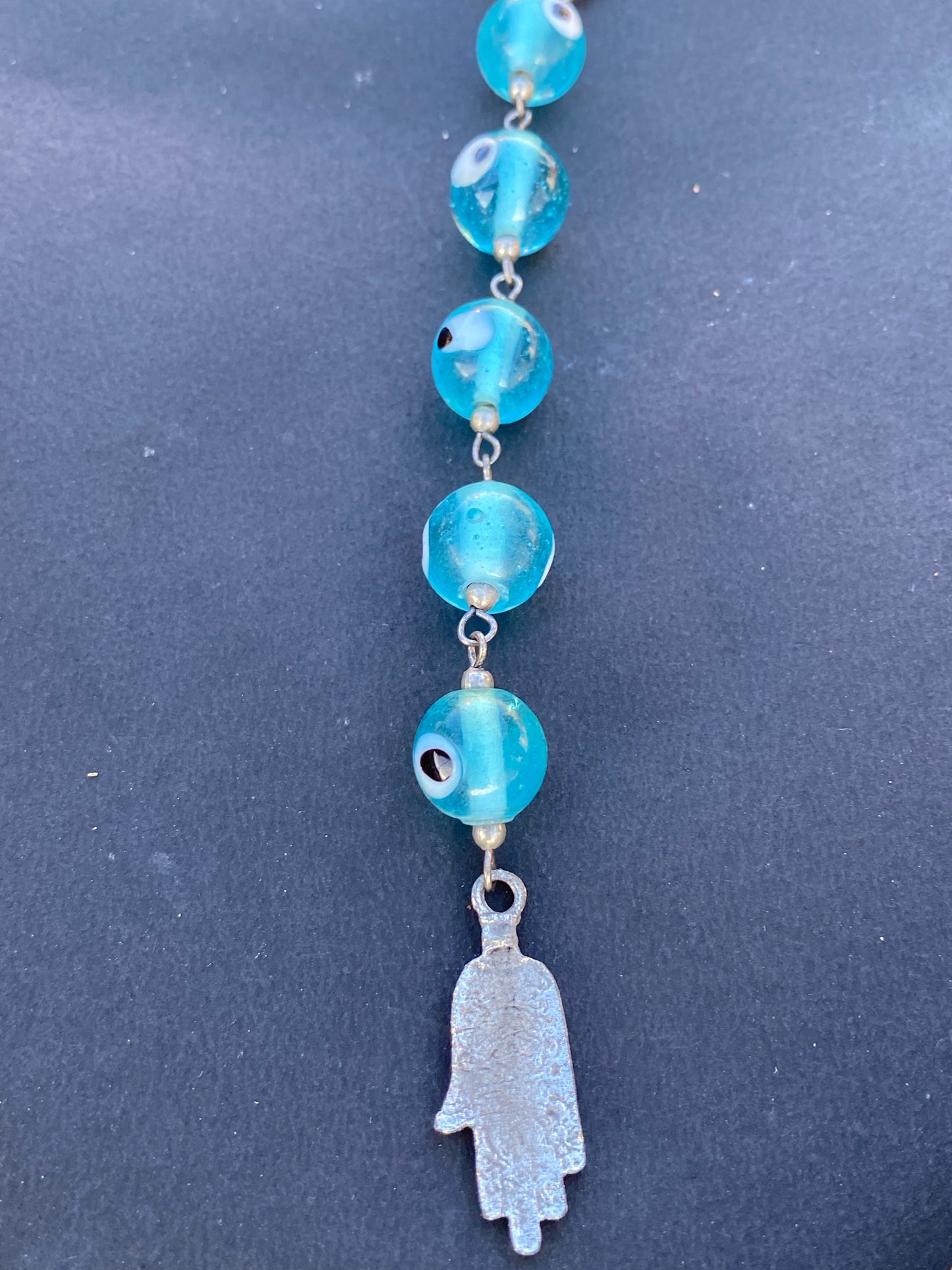 Blue Evil Eye Bead Y-Necklace with Hamsa Pendant
