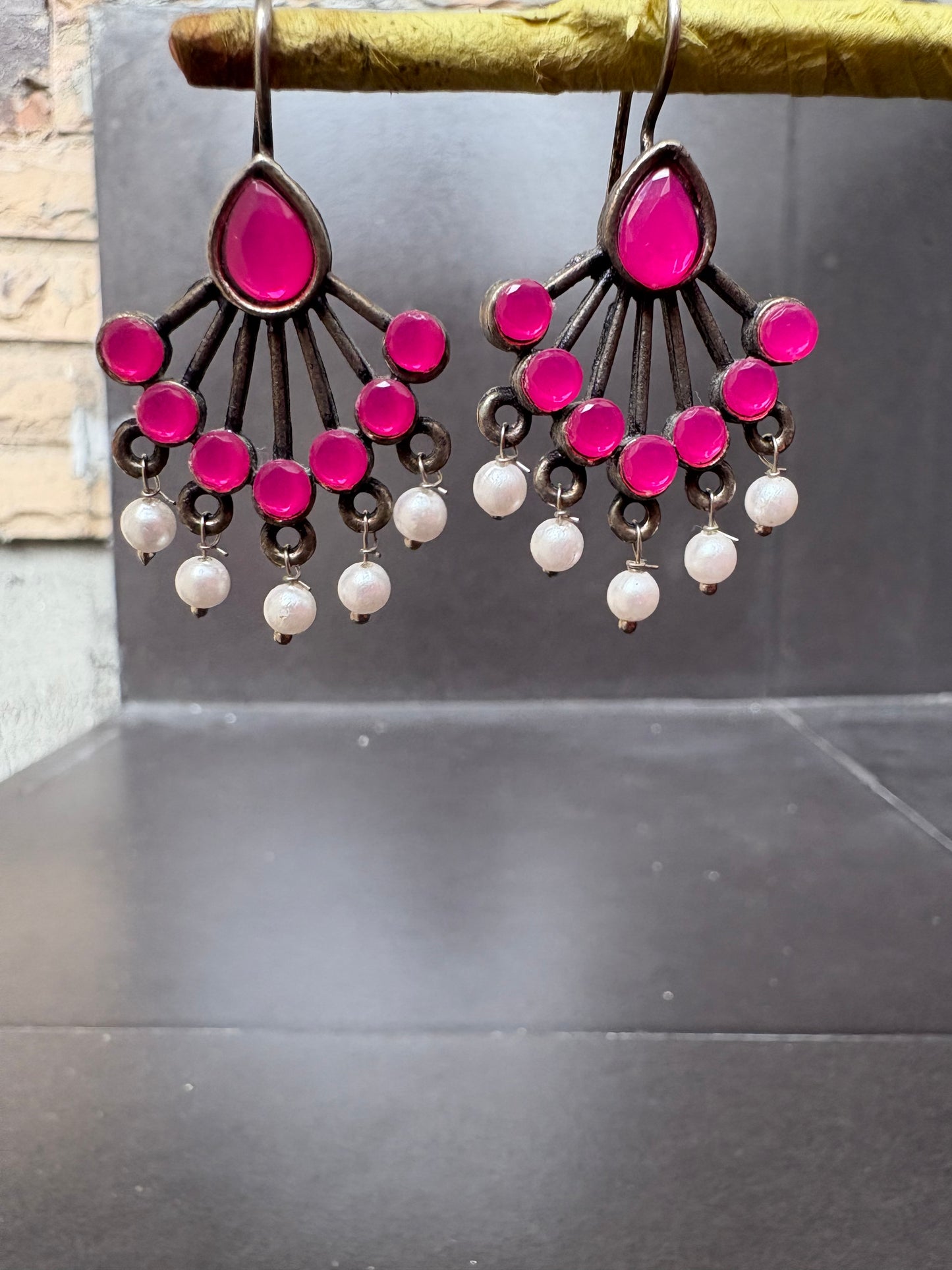 Antique Oxidised Pink Stone & Pearl Drop Earrings