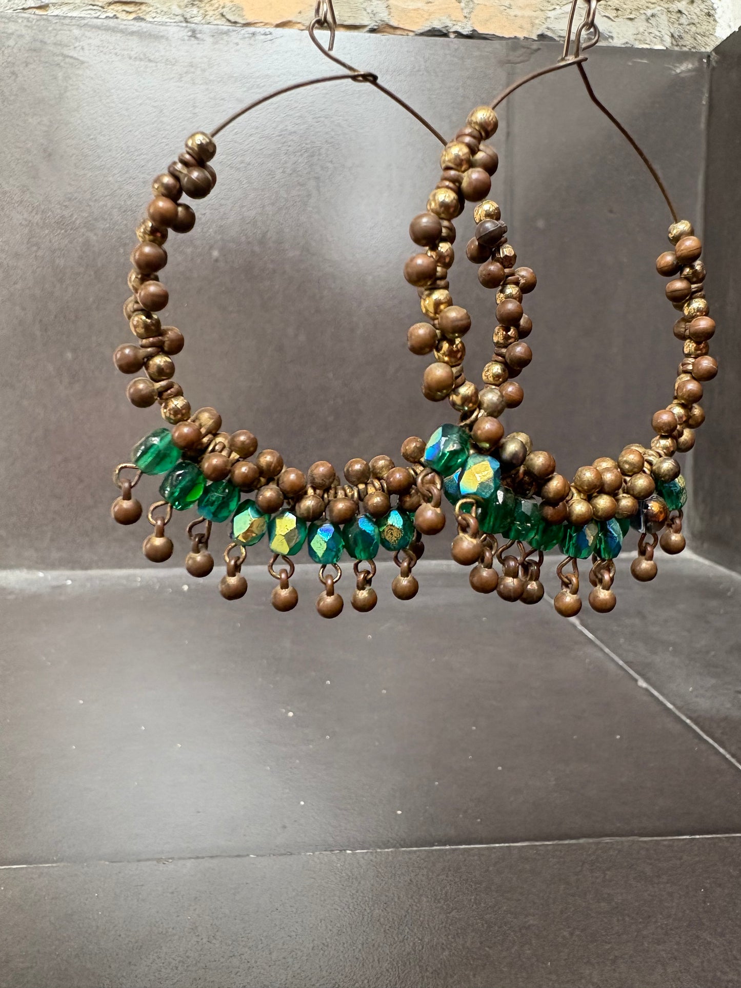 Bohemian Beaded Hoop Earrings – Antique Bronze & Emerald Green