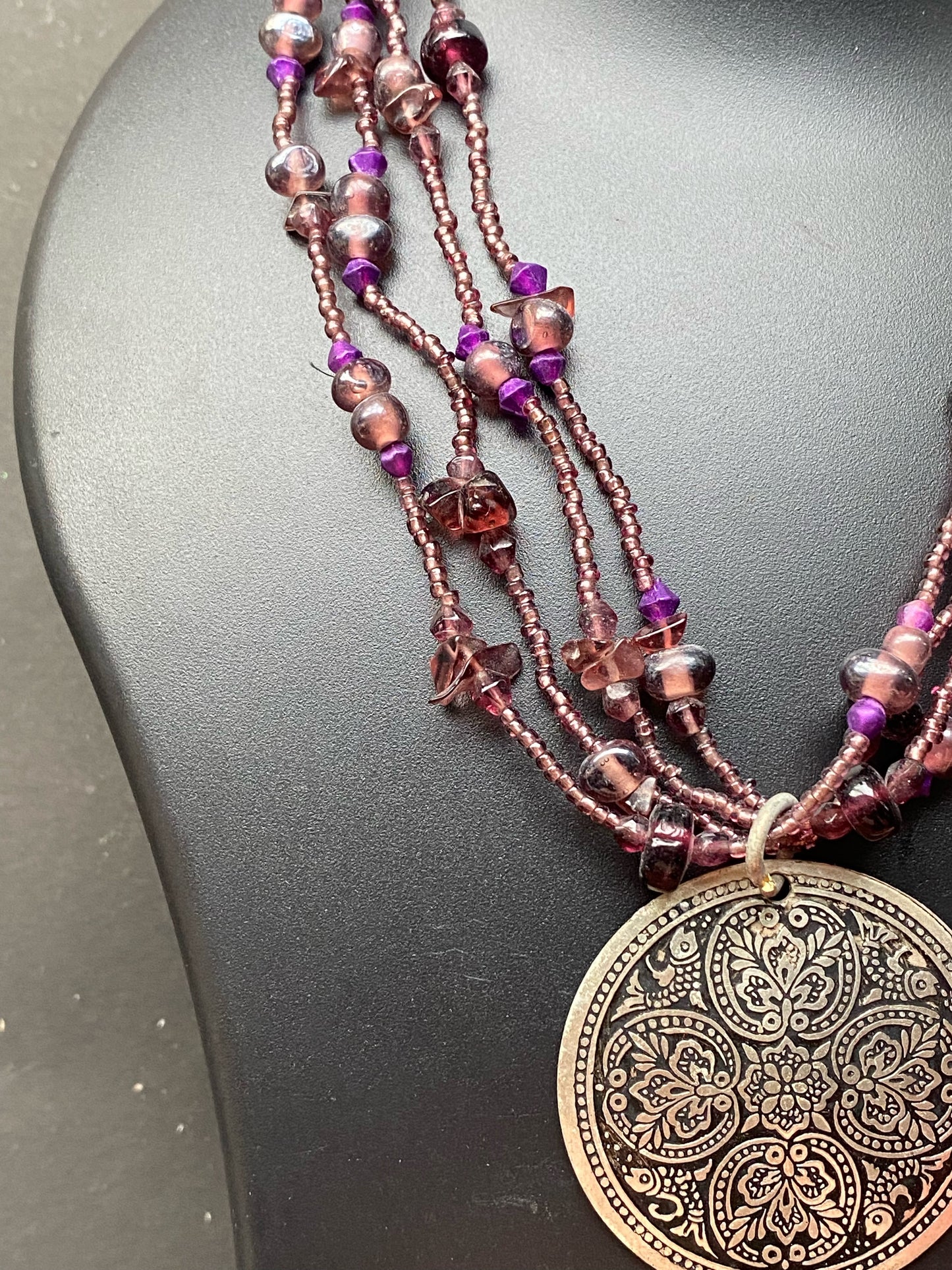 Bohemian Multi-Strand Beaded Necklace with Statement Pendant