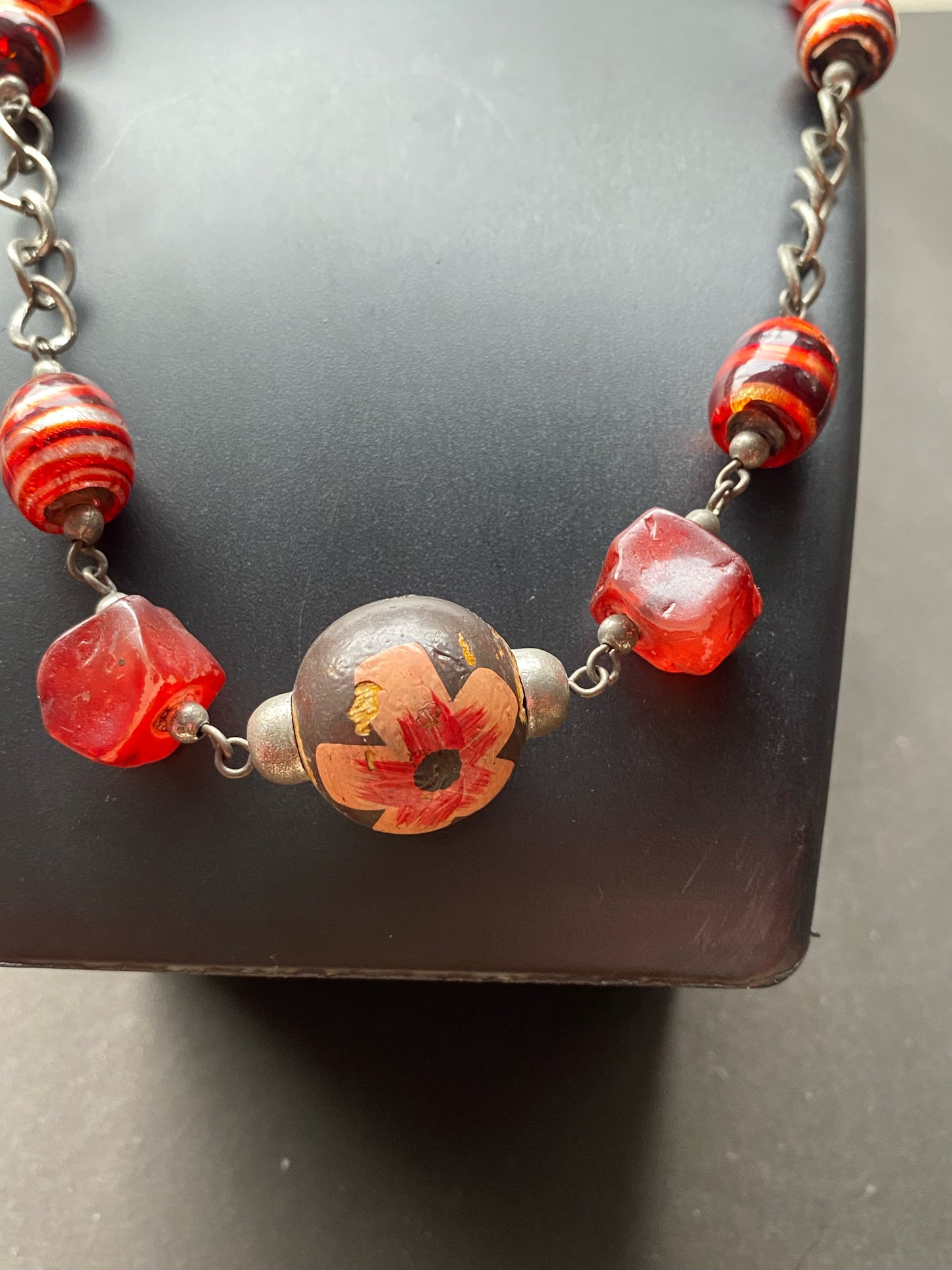 Handcrafted Floral & Striped Bead Necklace