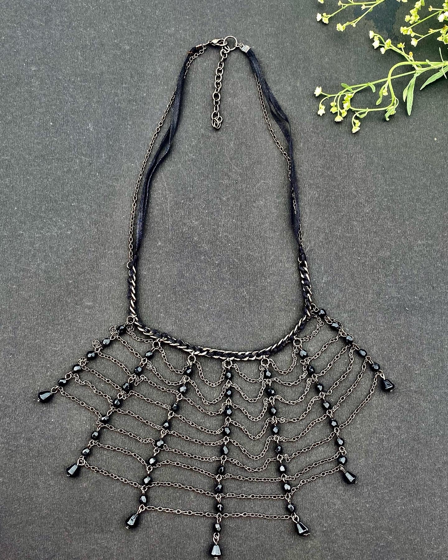 Gothic Black Cascading Chain Fringe Necklace