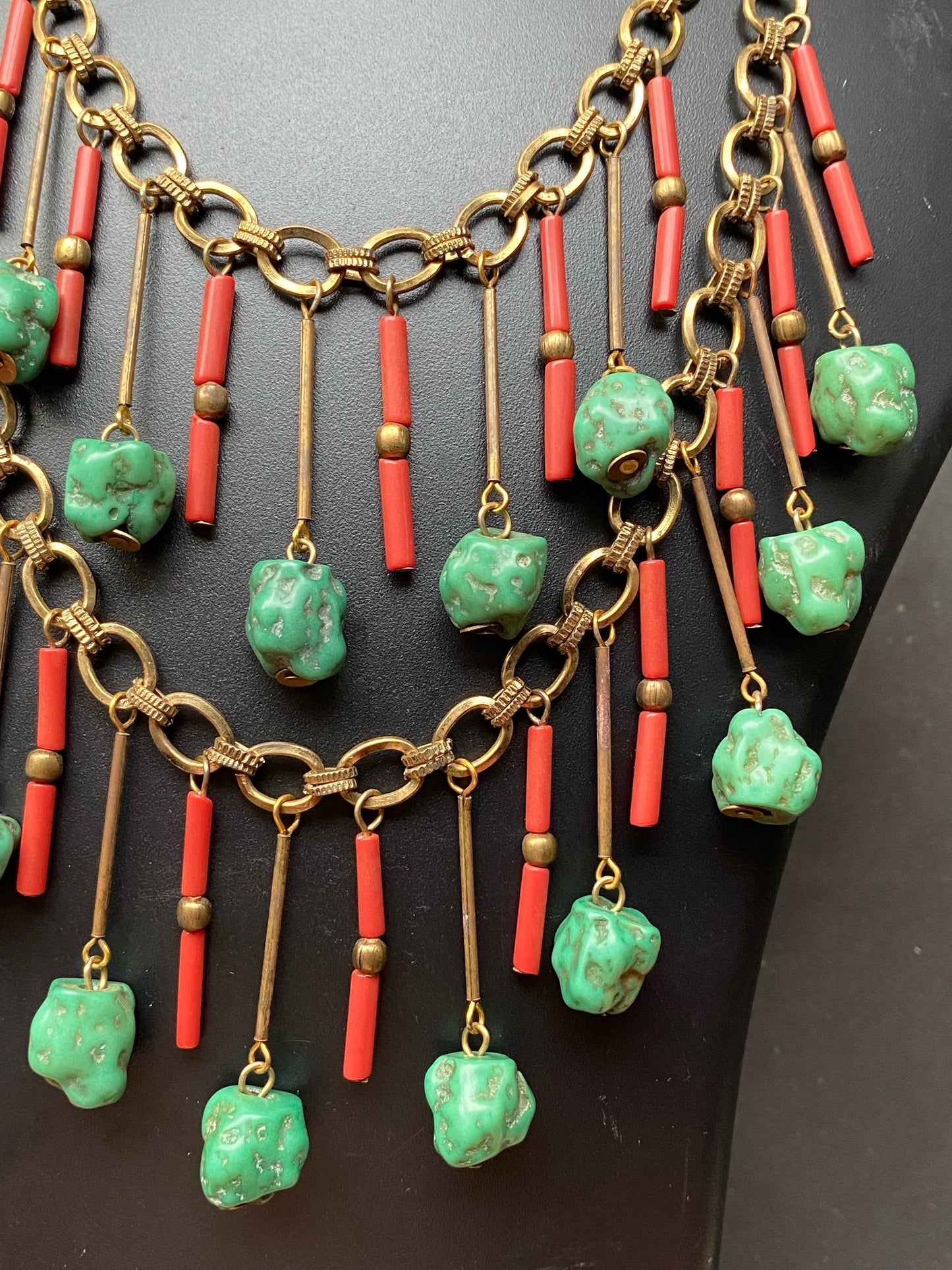 Tribal Statement Necklace with Green Stones & Red Beads