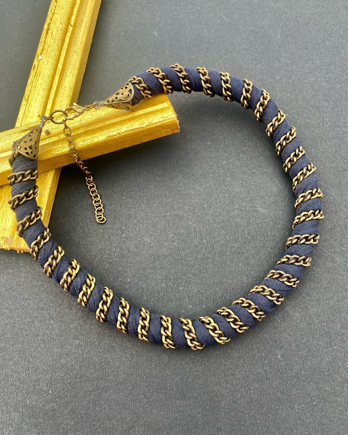 Antique Bronze Chain-Wrapped Fabric Necklace